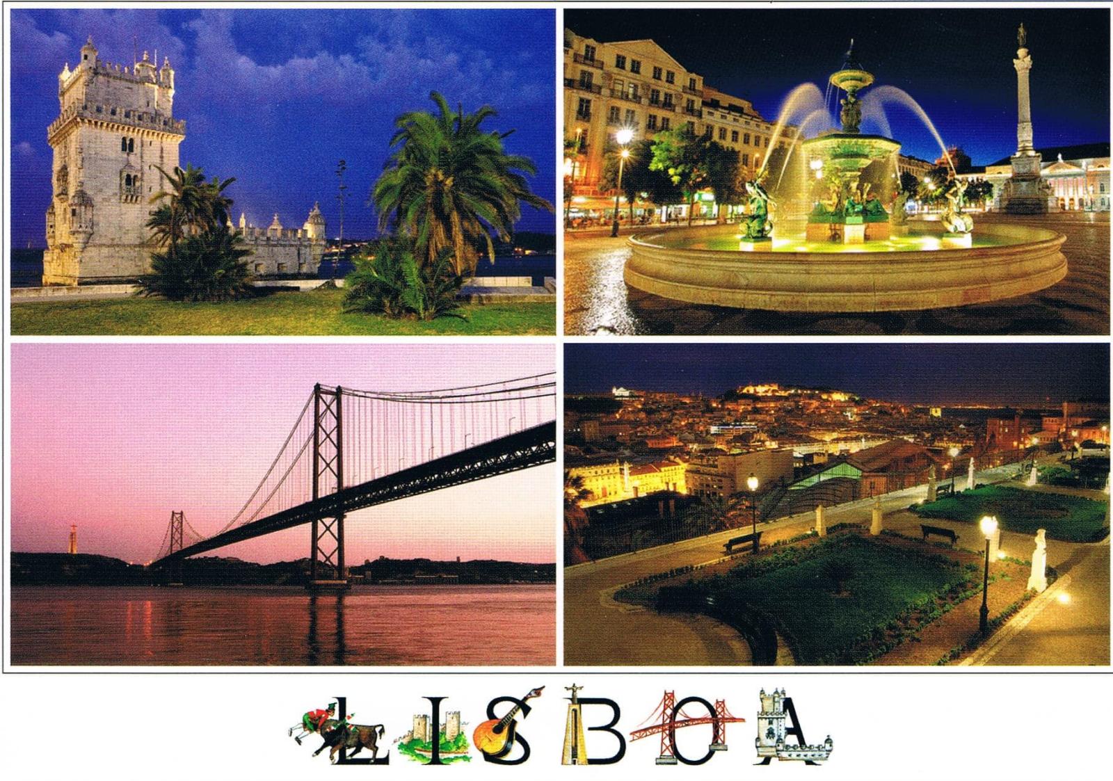 Lisbon Belém Tower, Bridge and Night Views Four-View Premium Postcard