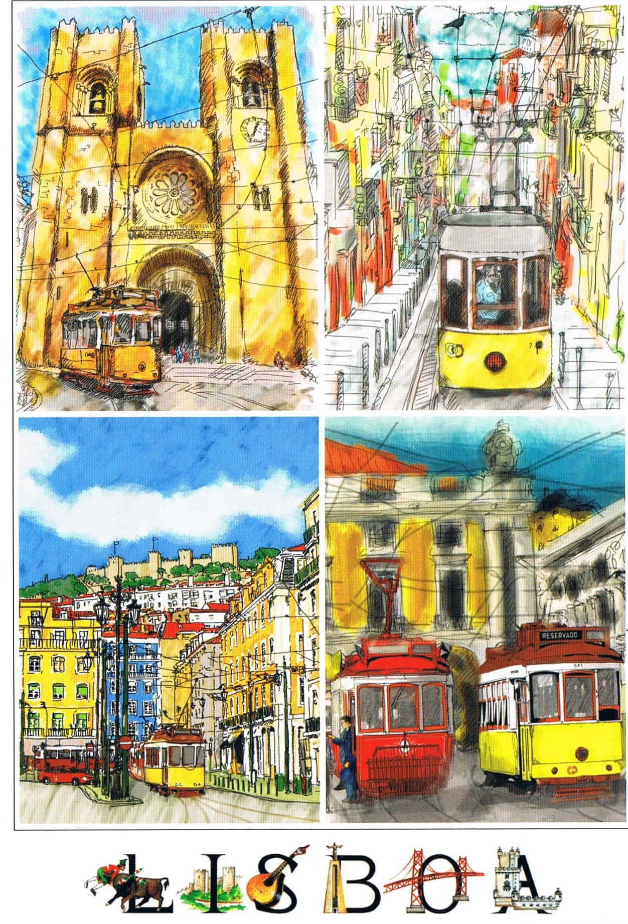 Lisbon Yellow Trams and Cathedral Artistic Four-View Premium Postcard