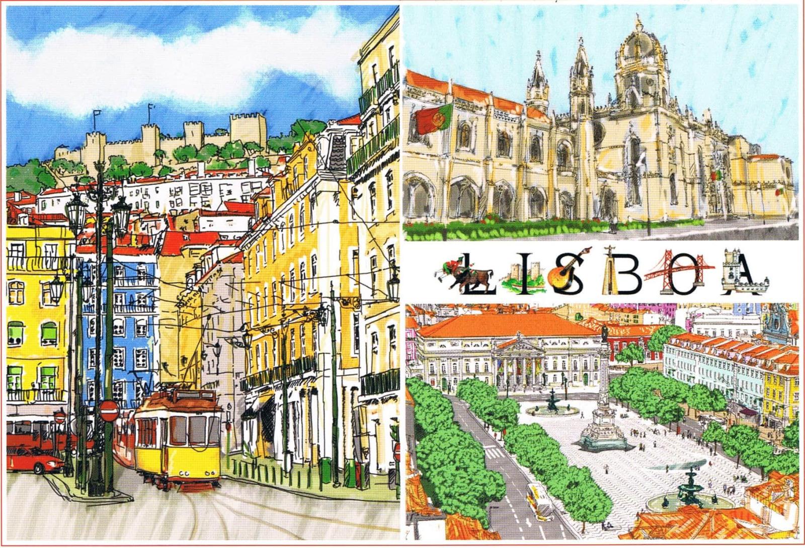 Lisbon Tram, Jerónimos Monastery and Rossio Illustration Premium Postcard