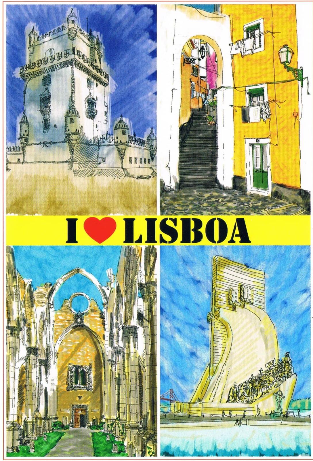 I Love Lisbon Illustrated Monuments Four-View Premium Postcard