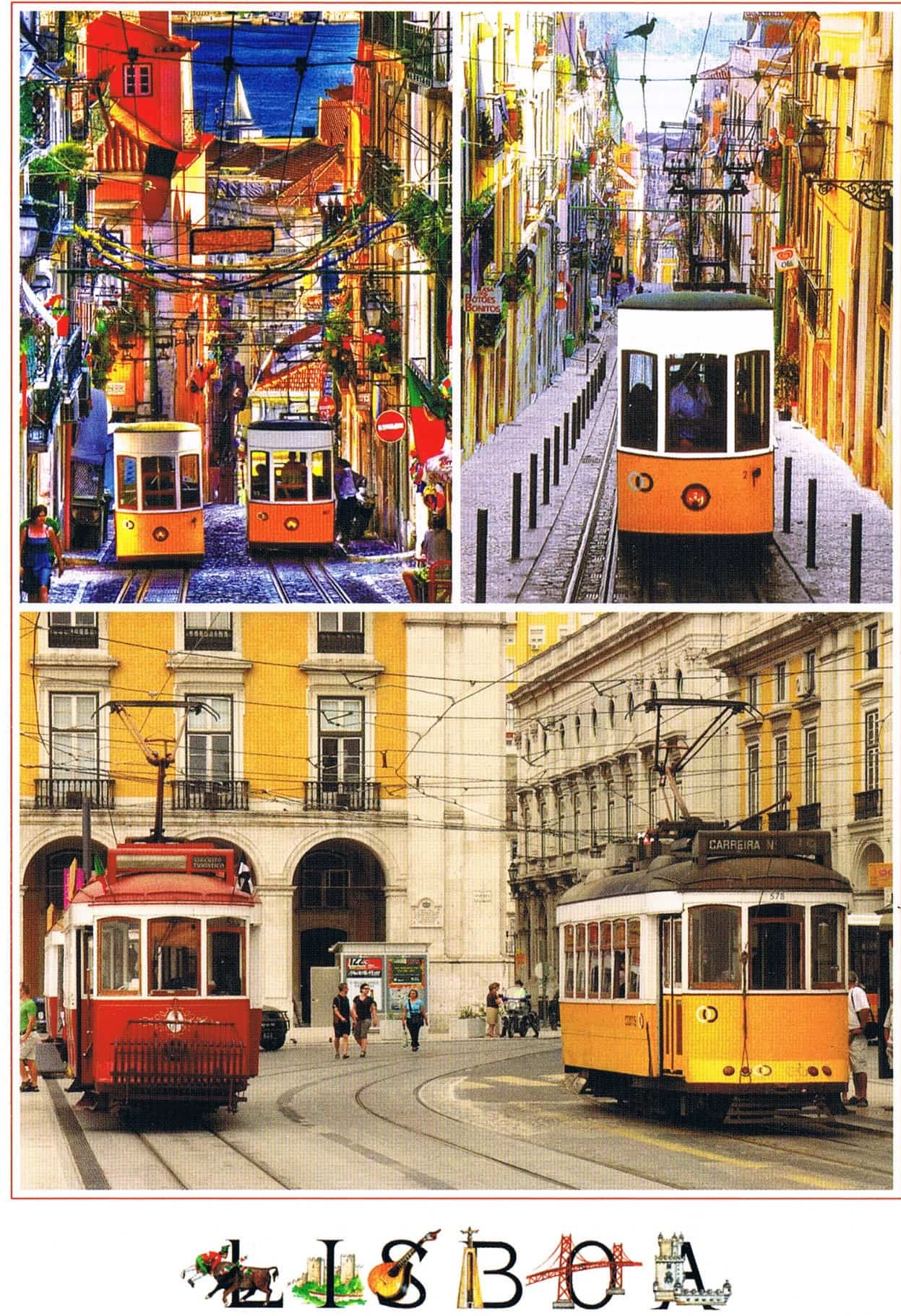 Lisbon Traditional Tram Streets Four-View Premium Postcard