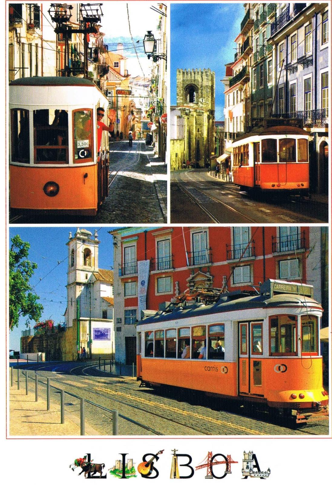 Lisbon Historic Trams and Cathedral Three-View Premium Postcard