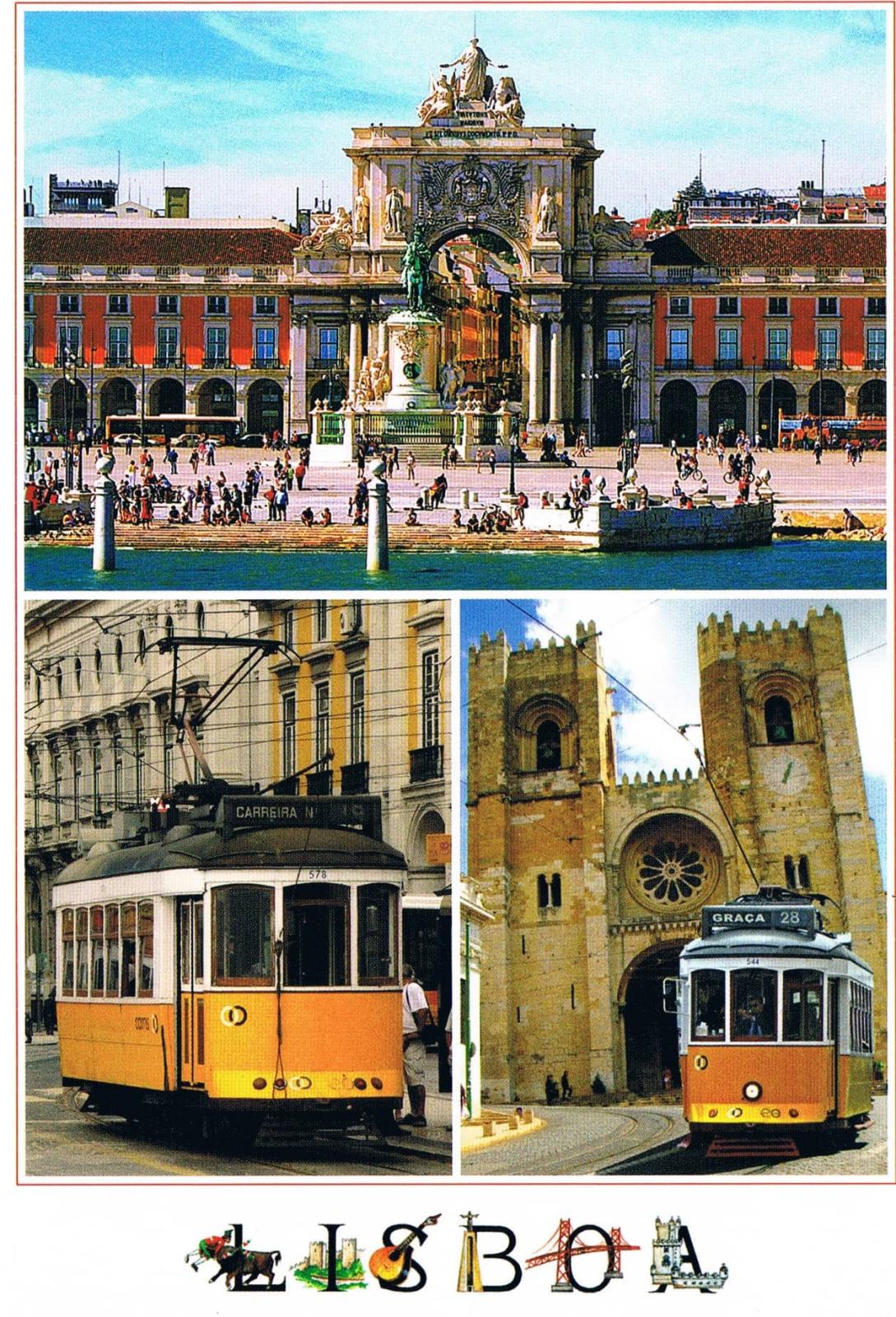 Lisbon Commerce Square, Cathedral and Tram Photo Postcard