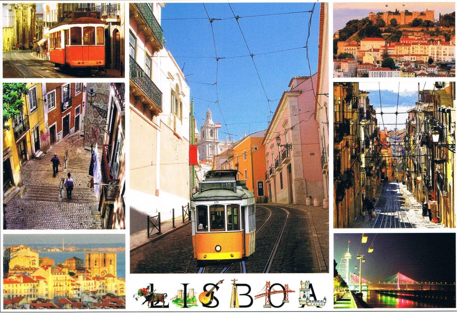 Lisbon Tram on Steep Street and City Landmarks Collage Premium Postcard