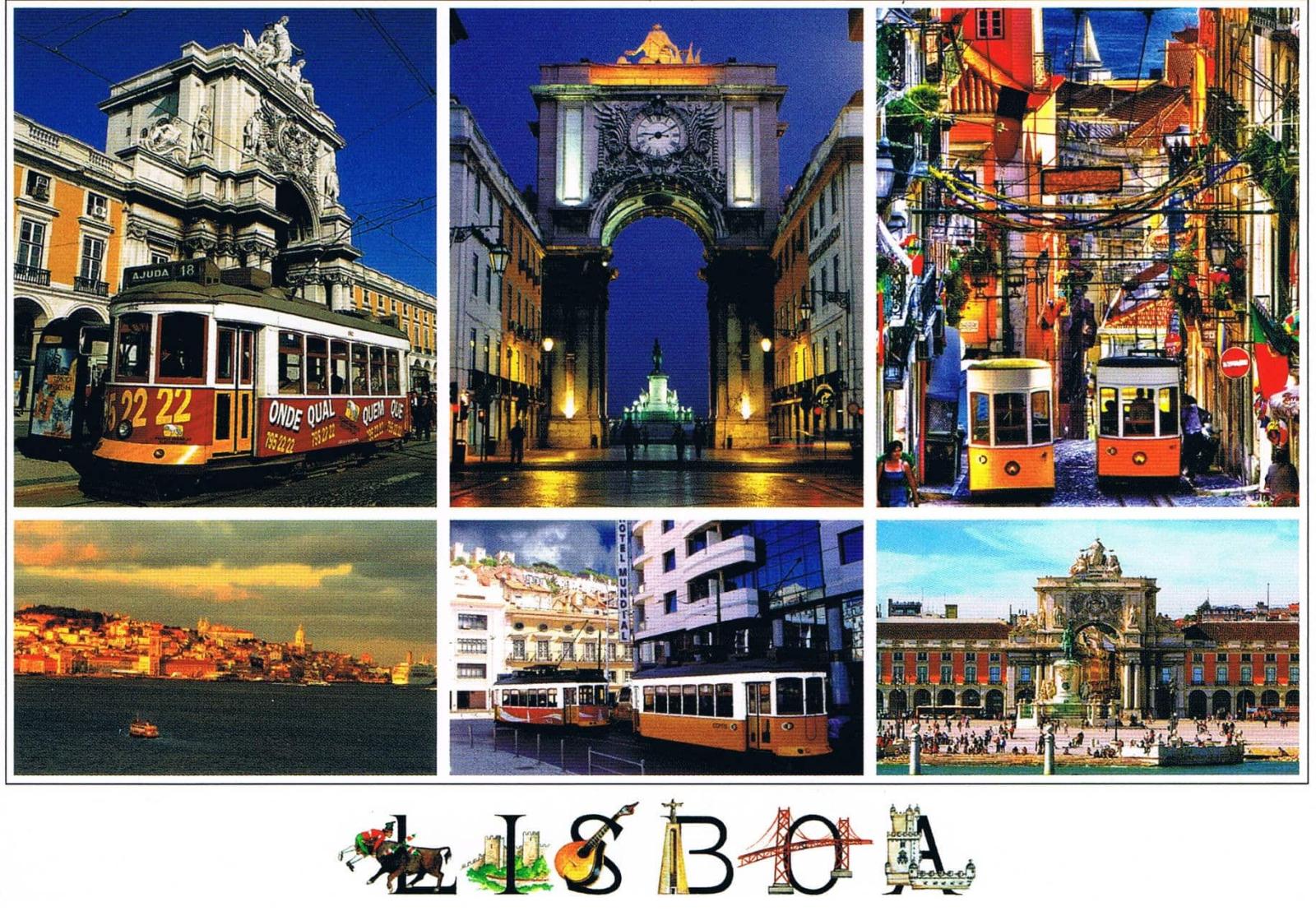 Lisbon Historic Trams and City at Dusk Photo Collage Premium Postcard