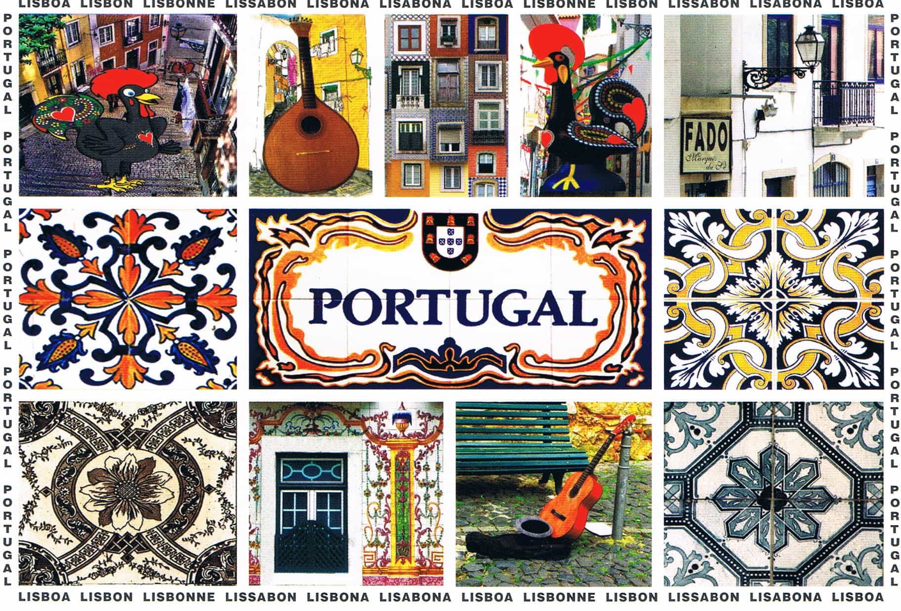 Portugal Fado Guitar and Azulejo Collage Premium Postcard
