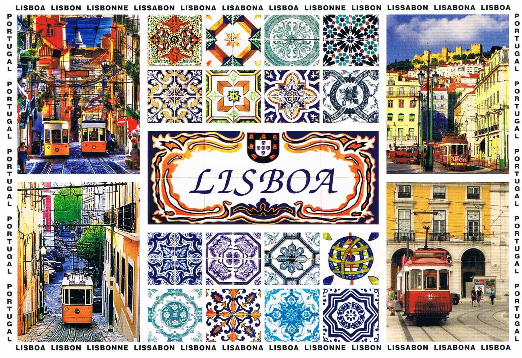 Lisbon Yellow Trams and Azulejo Patchwork Premium Postcard