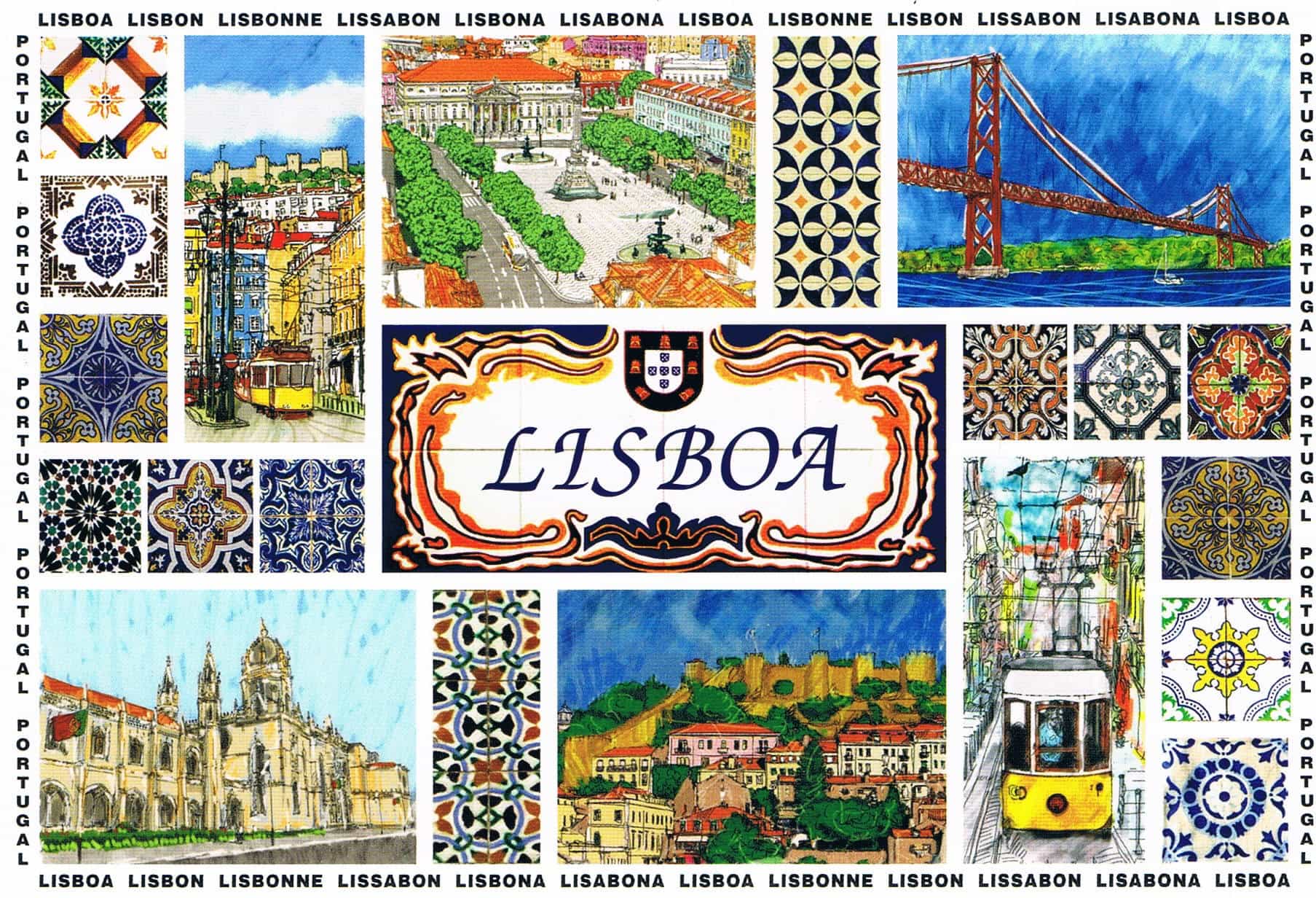 Lisbon Castle, Yellow Trams and Azulejos Collage Premium Postcard