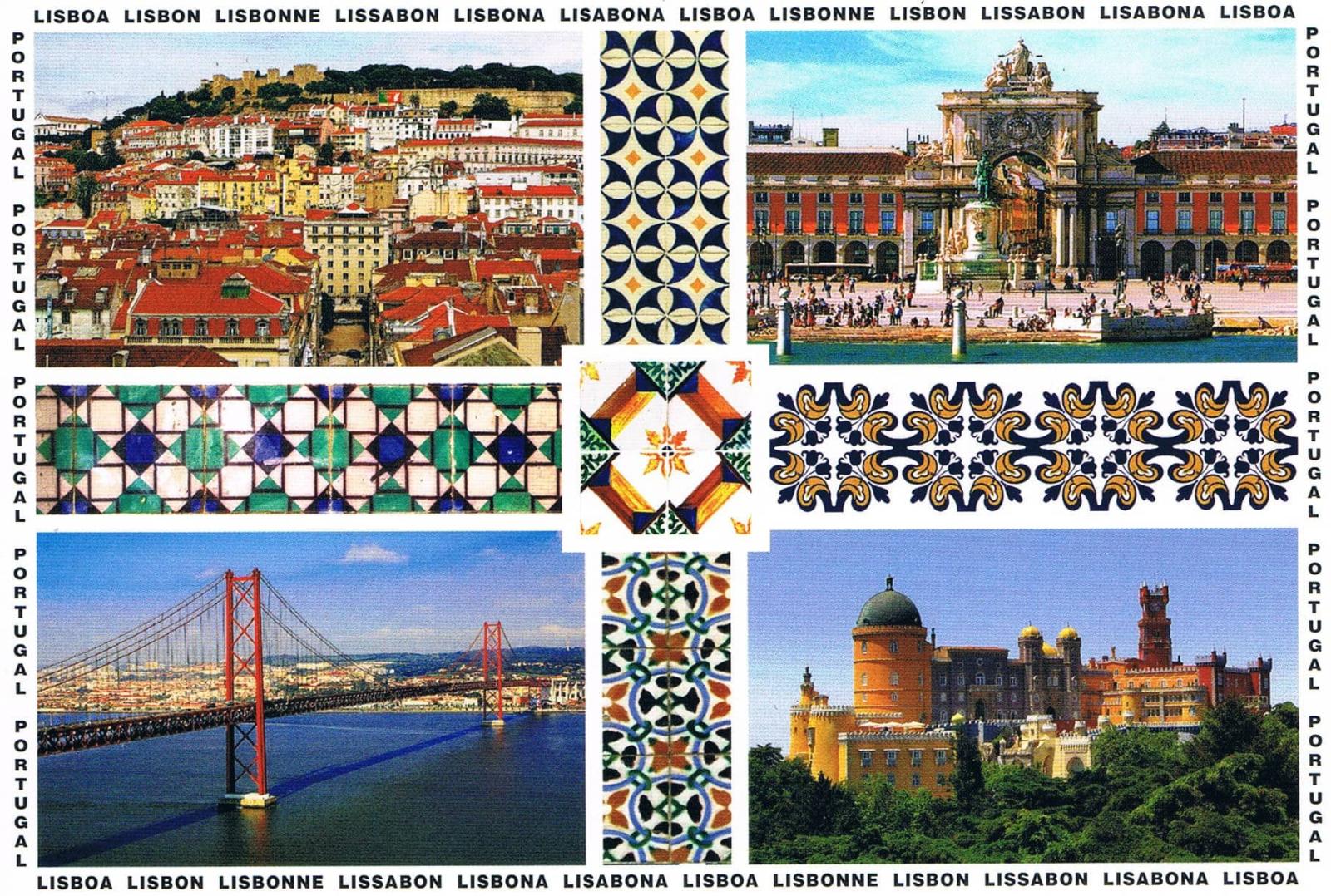 Lisbon Commerce Square, Bridge and Pena Palace Tile Collage Premium Postcard