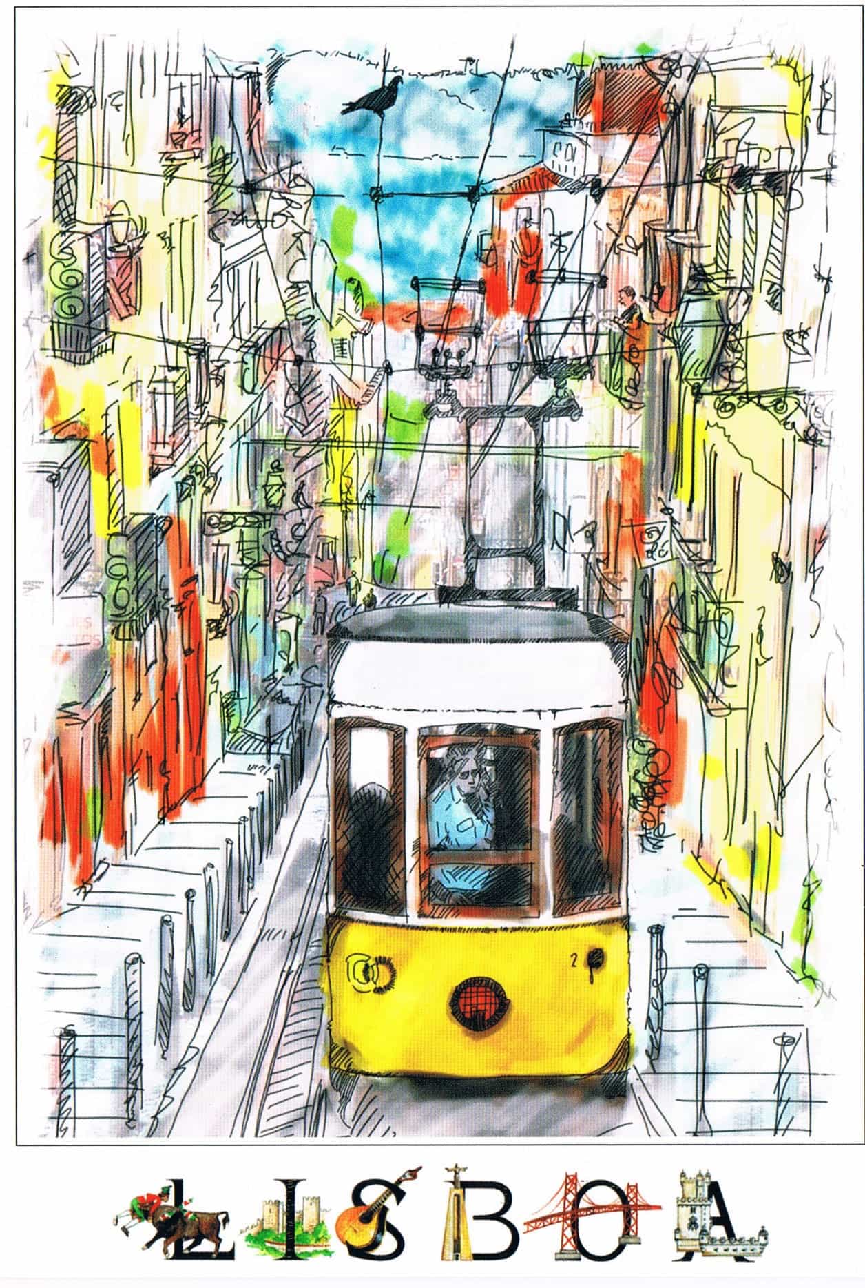 Lisbon Tram in Colourful Narrow Street Sketch Premium Postcard
