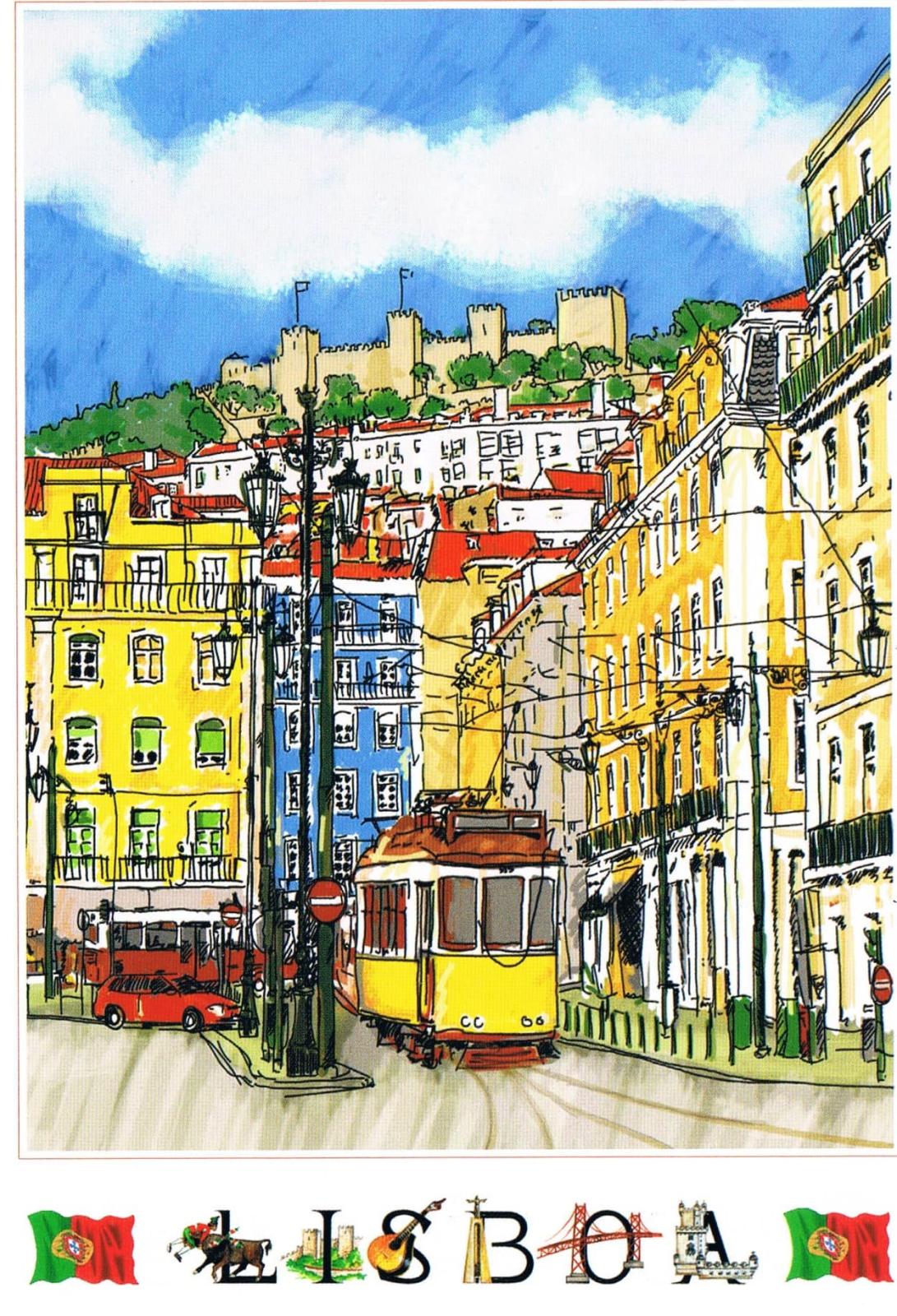 Lisbon Yellow Tram and São Jorge Castle Illustrated Premium Postcard