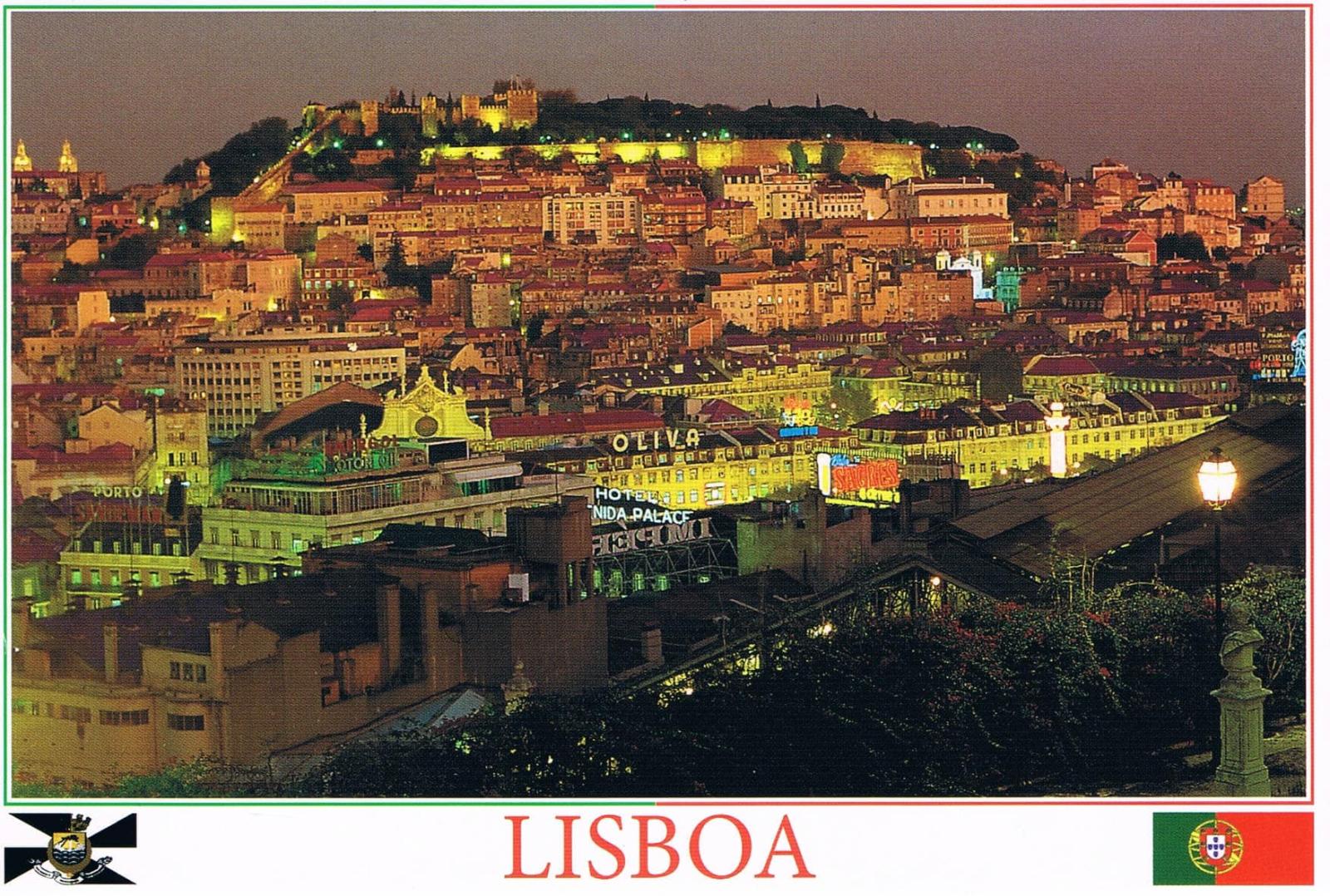 Lisbon Castle and Illuminated City at Dusk Premium Postcard