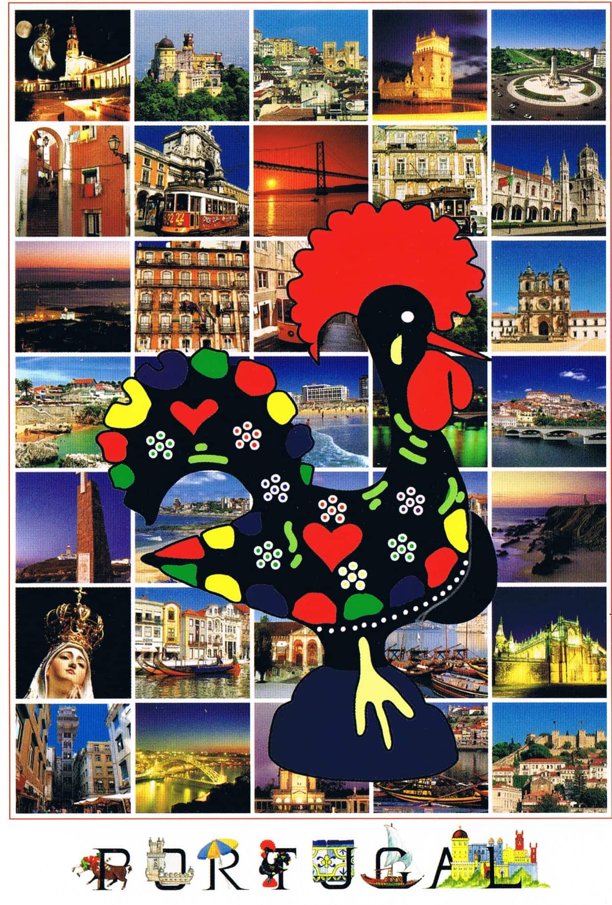 Barcelos Rooster and Portugal Landmarks Photo Mosaic Premium Postcard