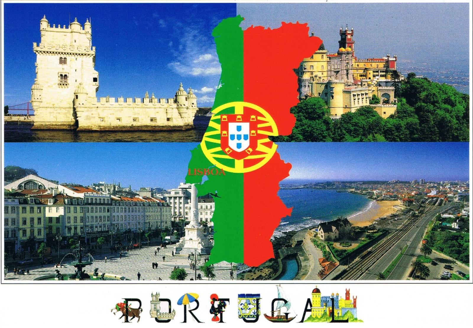 Portugal Flag Map and Four Landmarks Premium Postcard