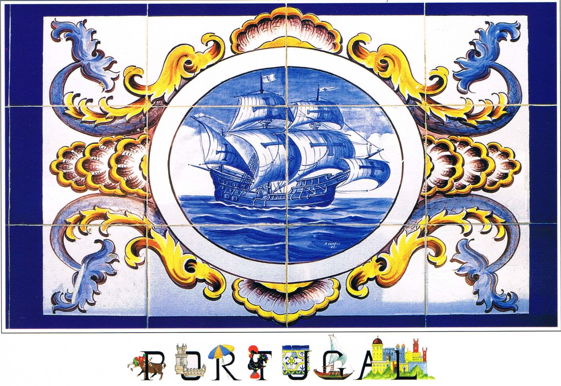 Portuguese Caravel Medallion Azulejo Premium Postcard