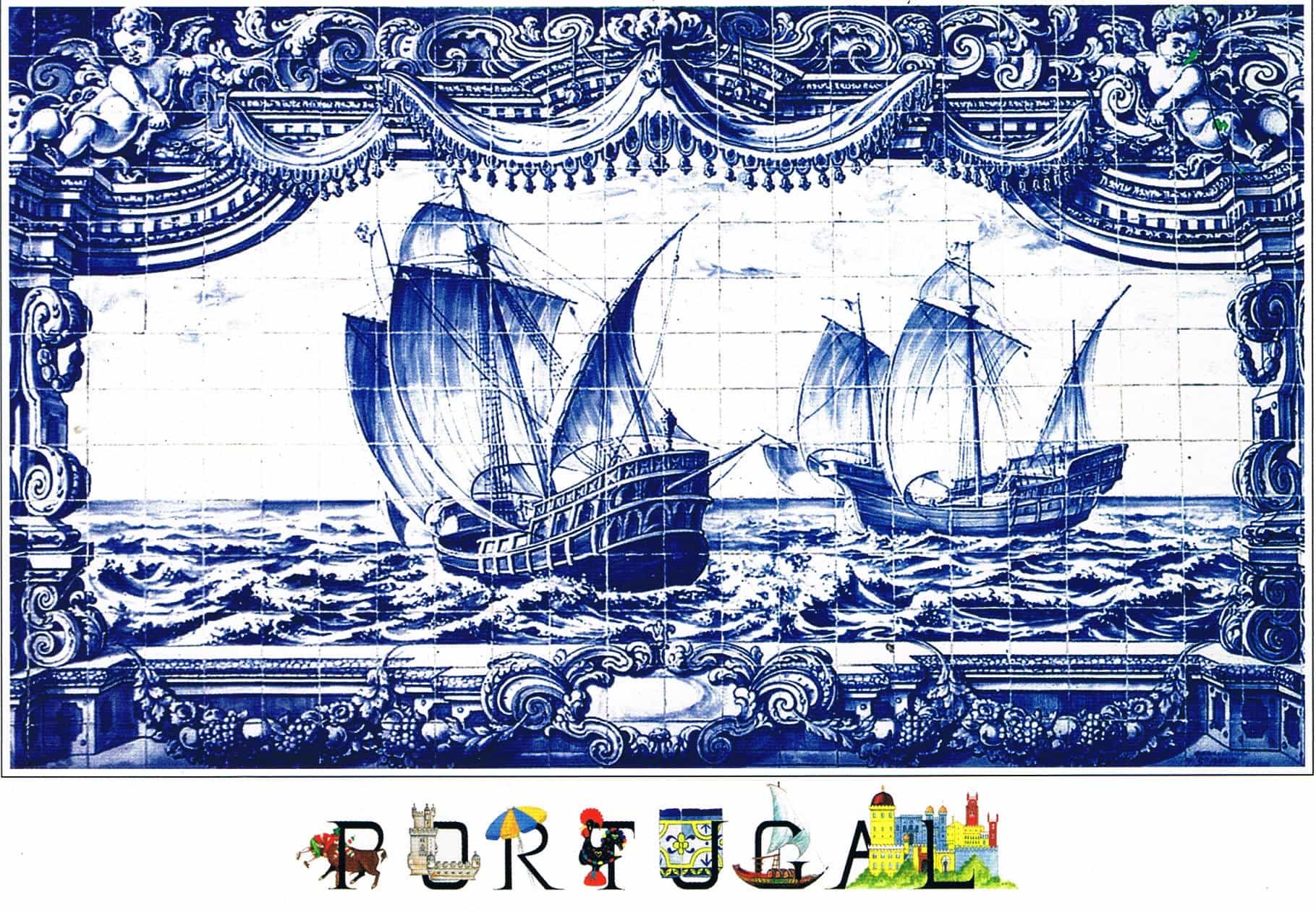 Portuguese Sailing Ships Blue Azulejo Panel Premium Postcard