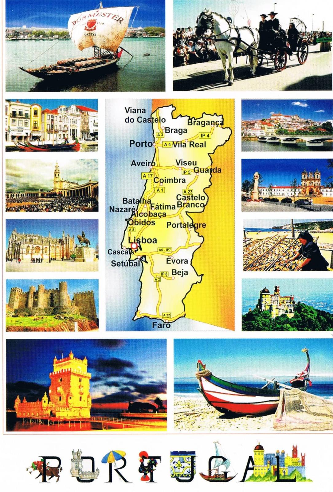 Portugal Travel Map Beaches and Landmarks Collage Premium Postcard