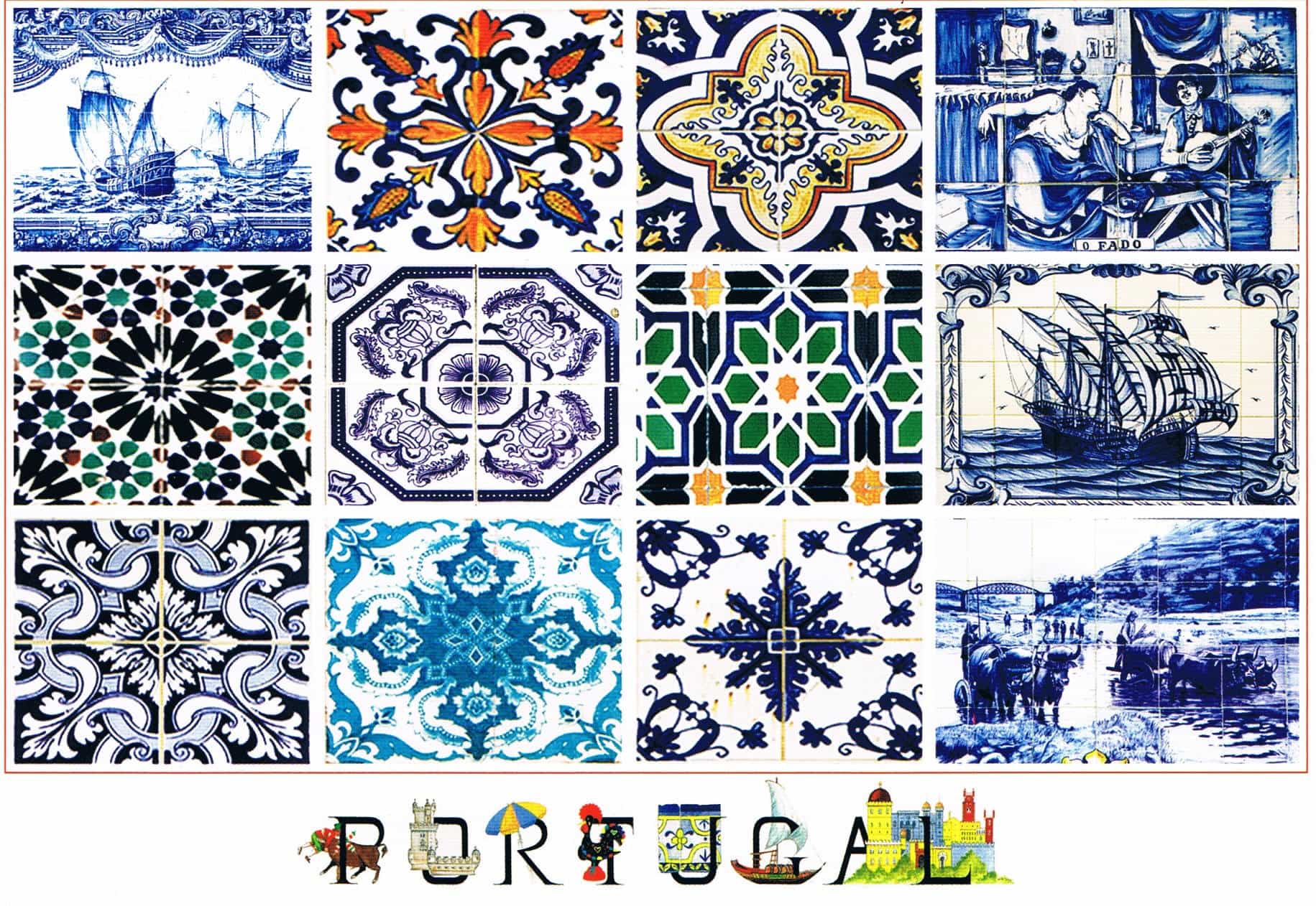 Portugal Maritime Tile Scenes and Geometric Azulejos Premium Postcard