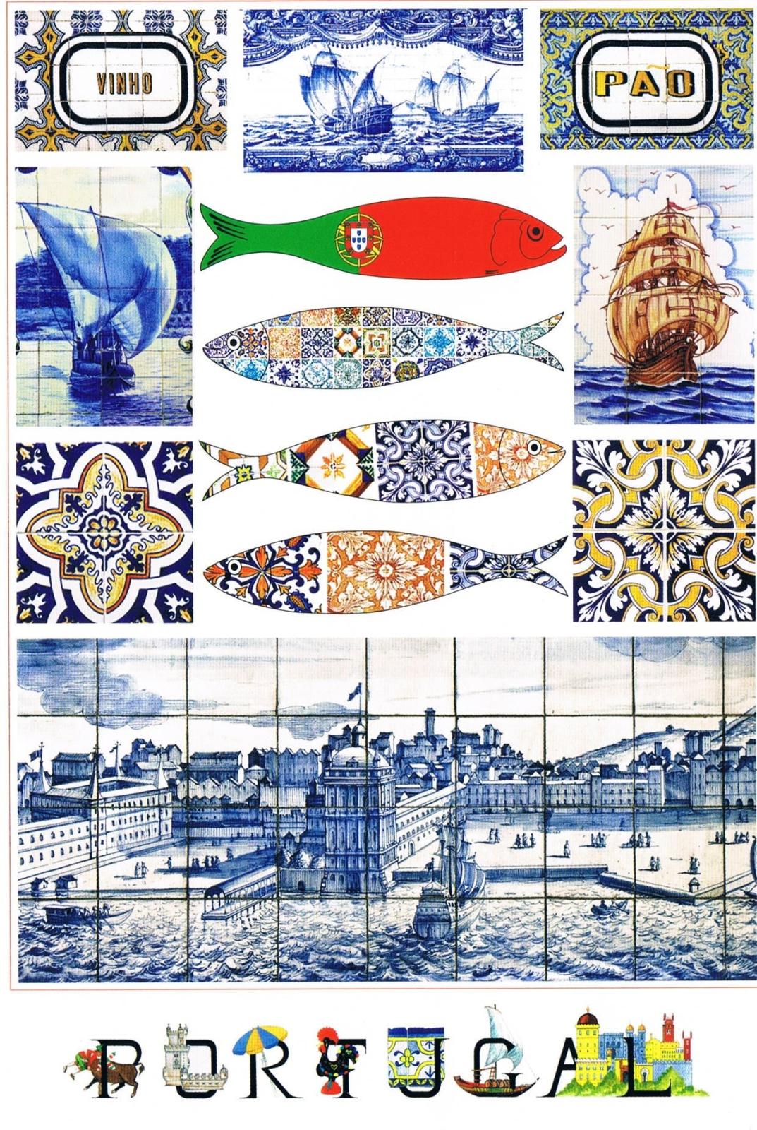 Portugal Sardines Ships and Azulejo Maritime Collage Premium Postcard