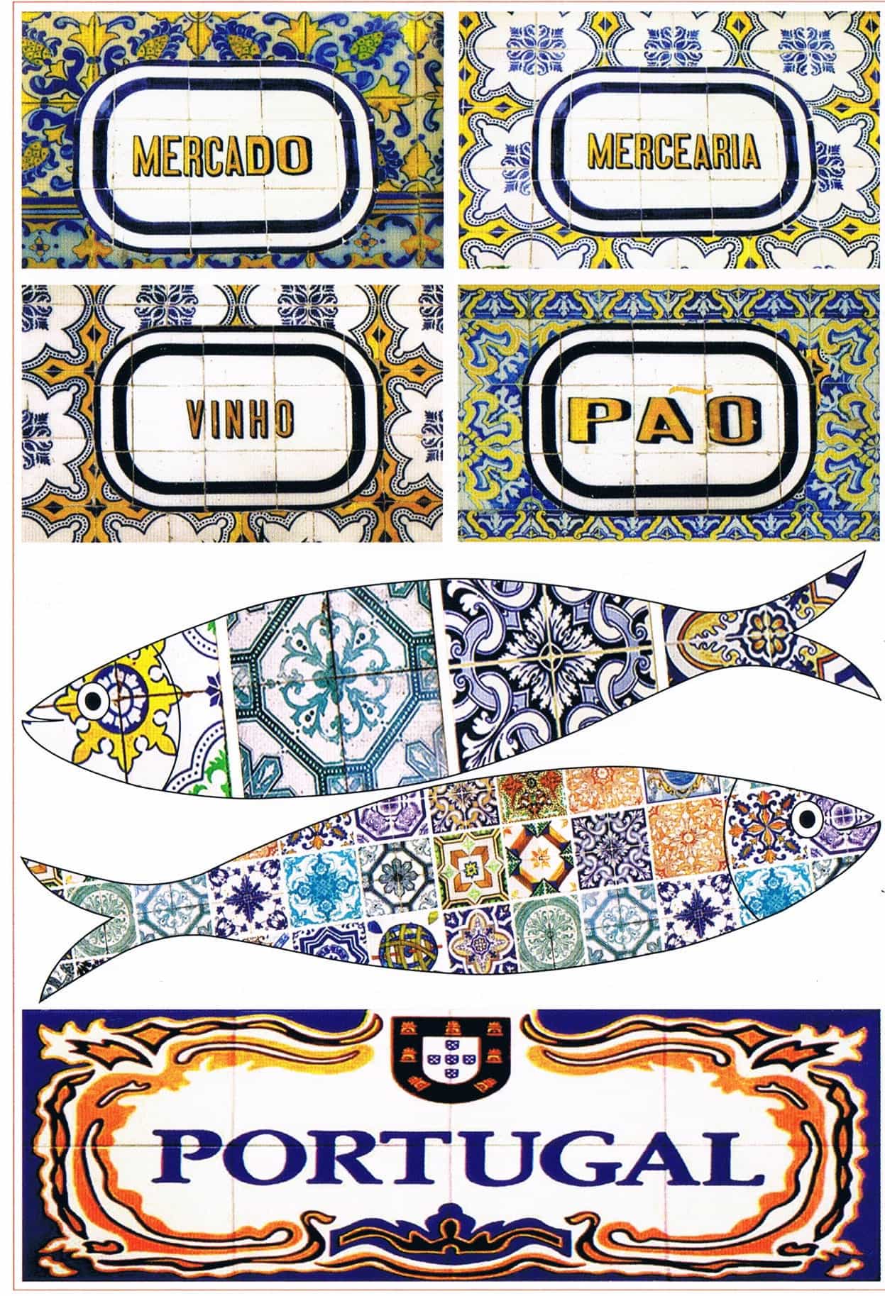 Portugal Azulejo Shop Signs and Sardines Premium Postcard