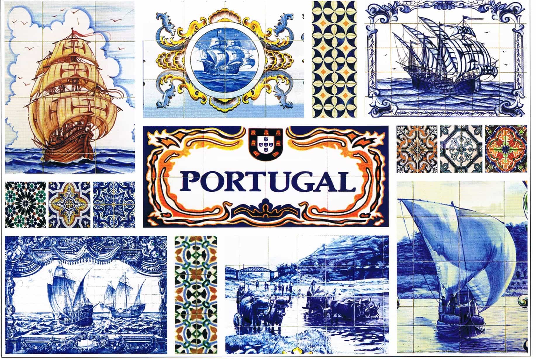 Portugal Historic Sailing Ships and Azulejos Collage Premium Postcard