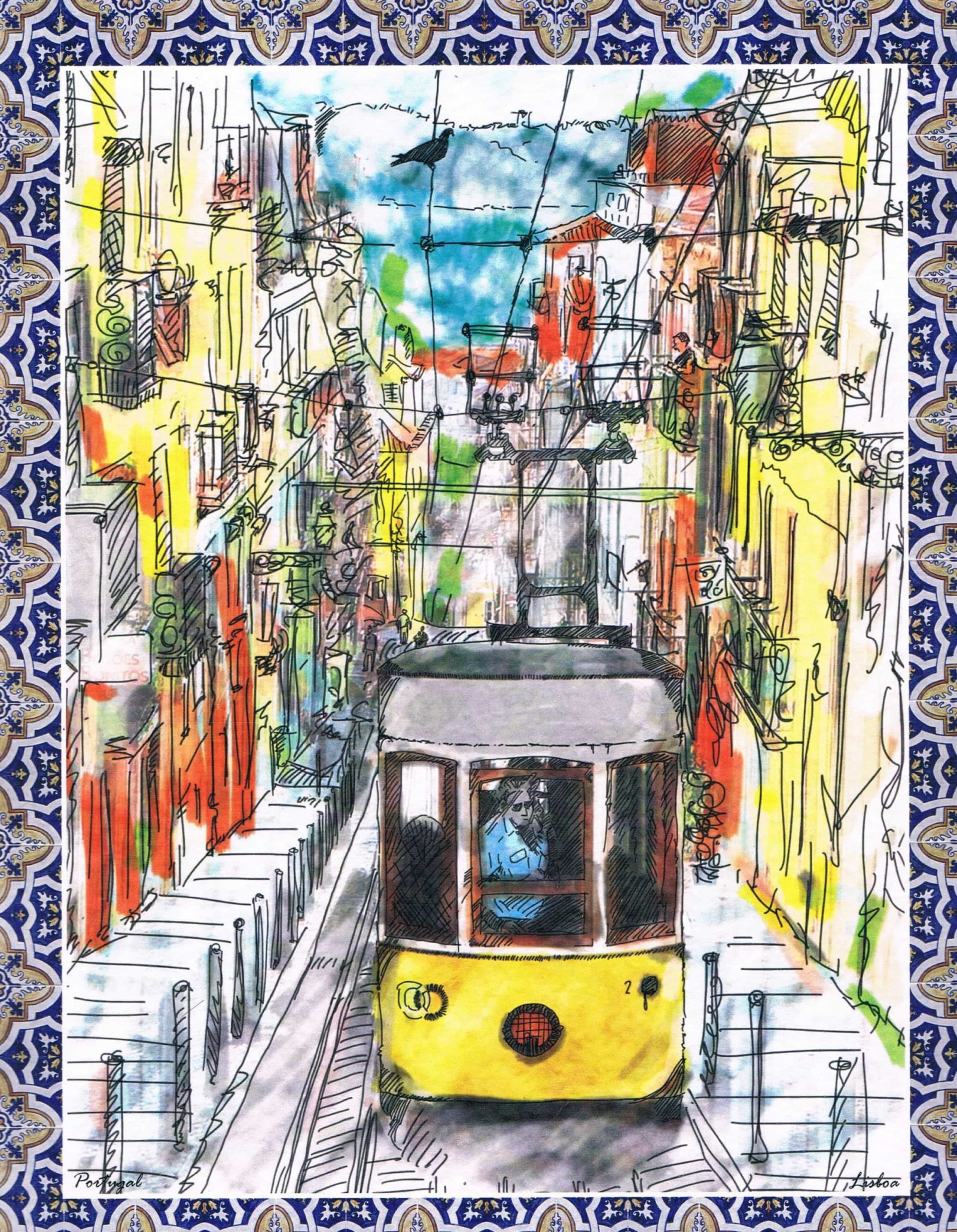 Yellow Lisbon Funicular Watercolour Art Print with Tile Border