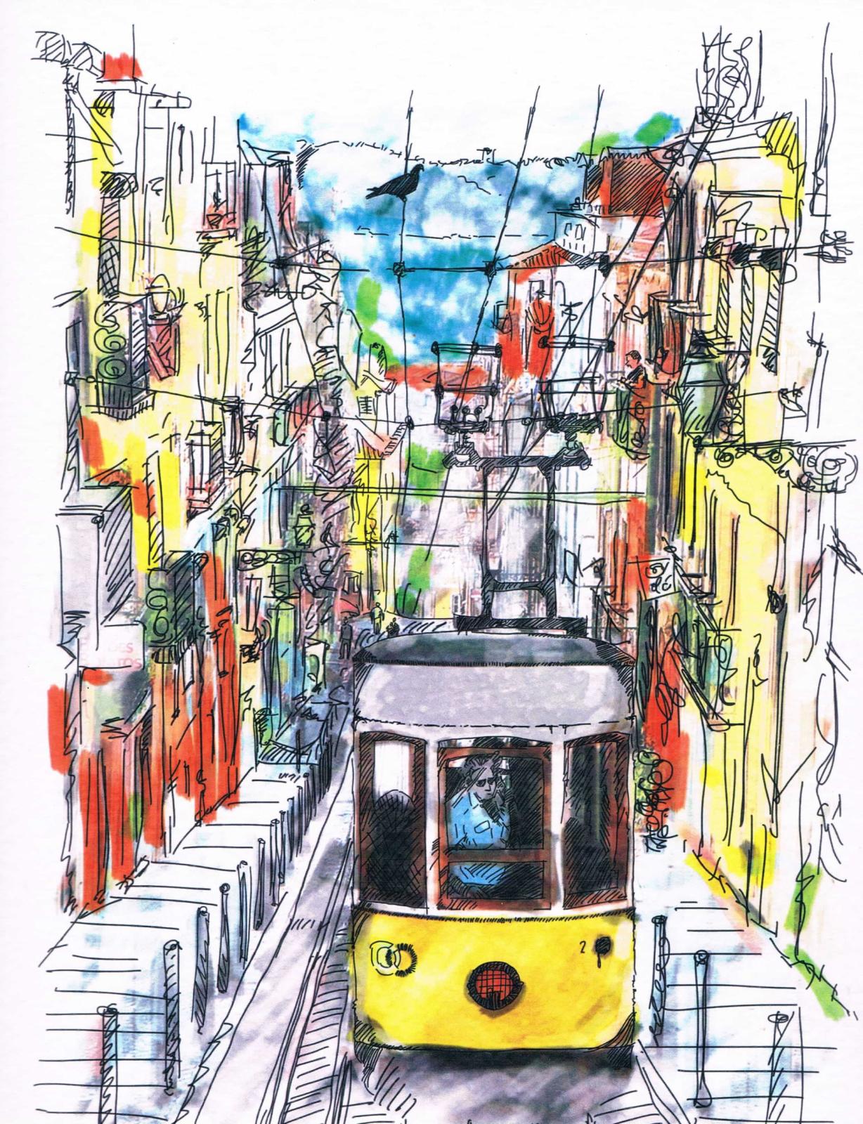 Yellow Lisbon Funicular Loose Watercolour Art Print