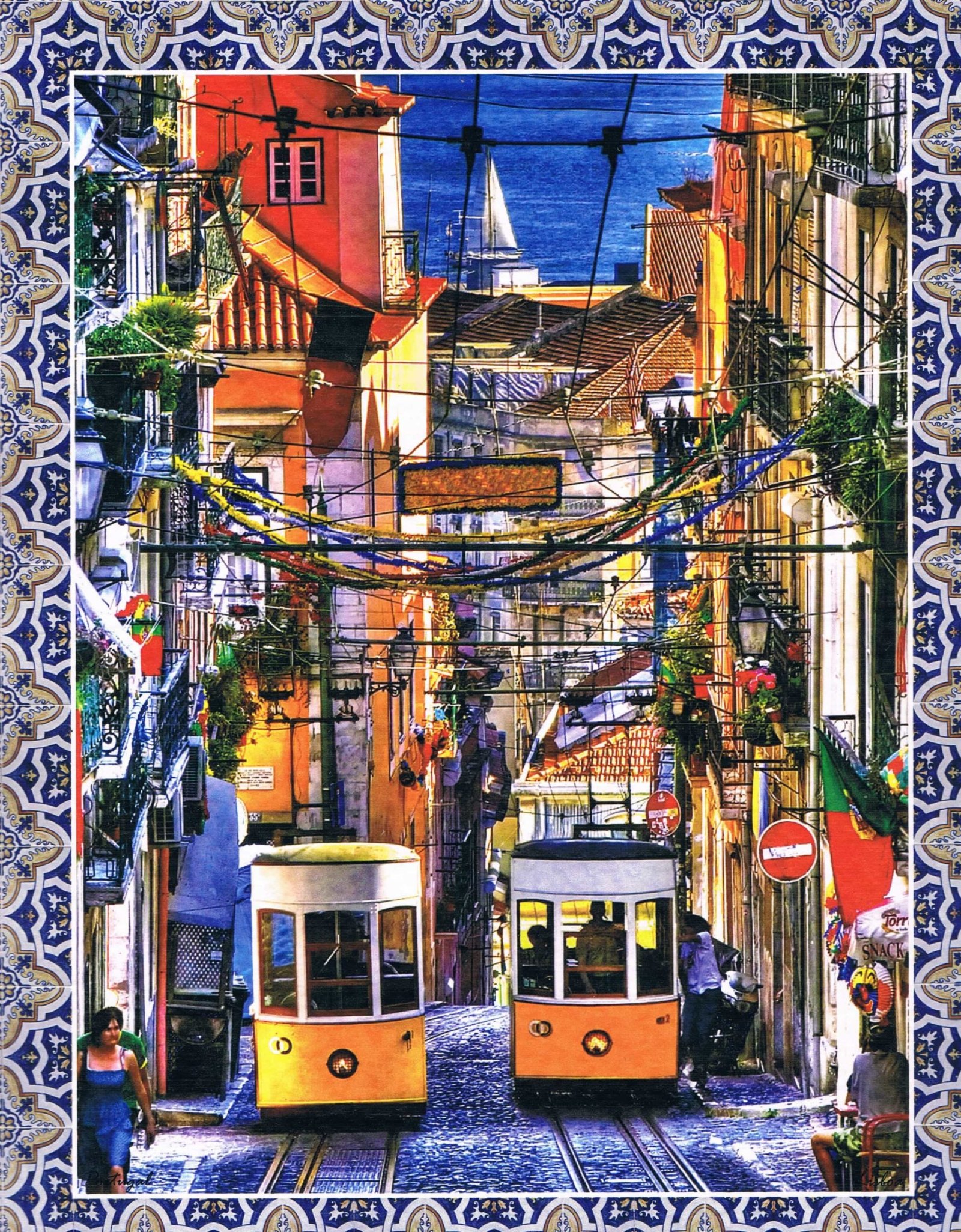 Two Lisbon Trams on Narrow Alfama Street Tile-Border Art Print