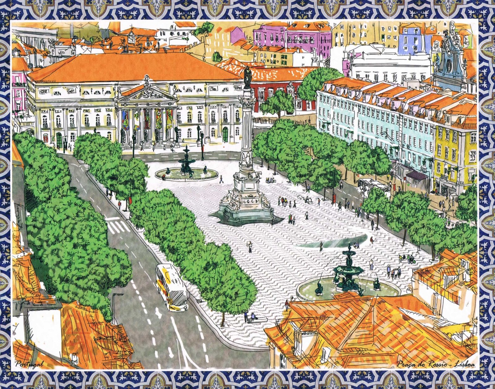 Rossio Square Illustrated Lisbon Art Print with Azulejo Border