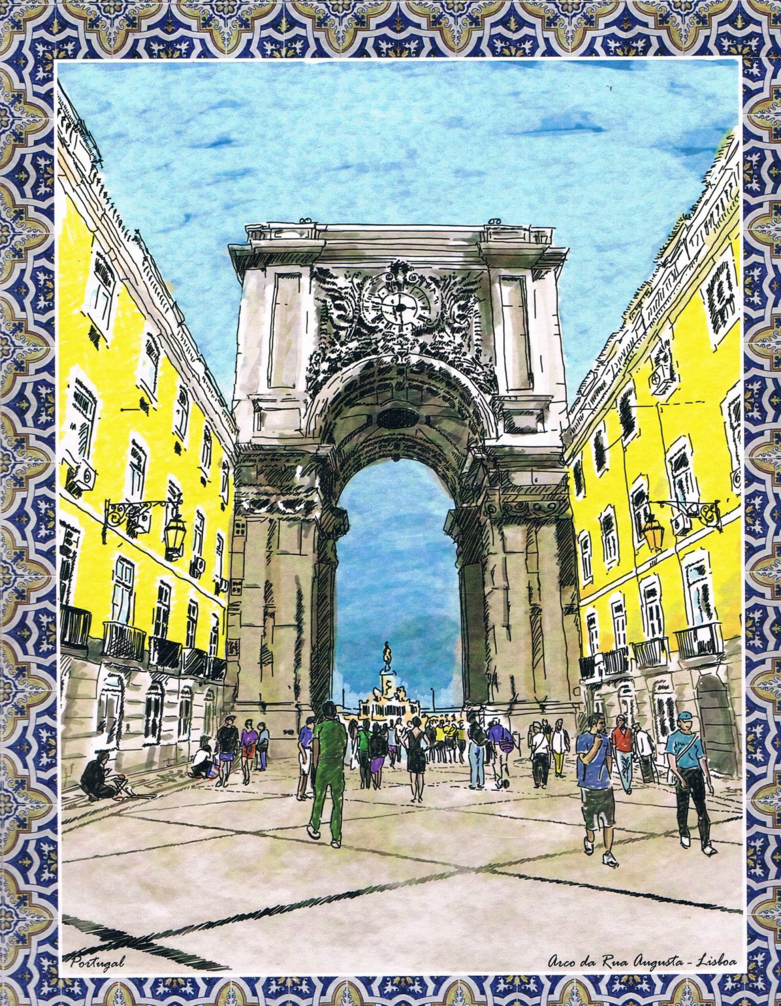 Rua Augusta Arch Street View Illustrated Tile-Border Art Print