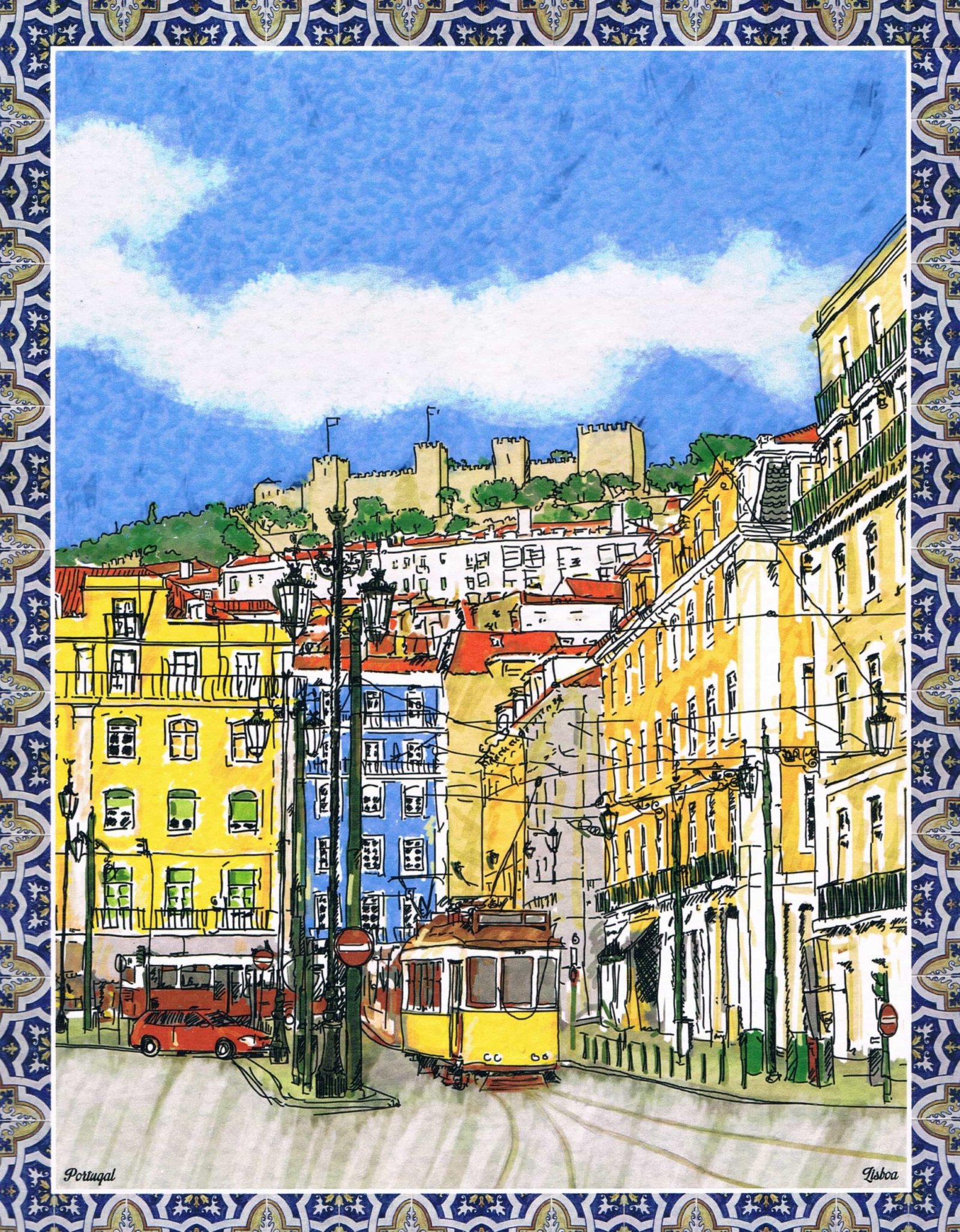 Lisbon Tram below São Jorge Castle Tile-Border Art Print