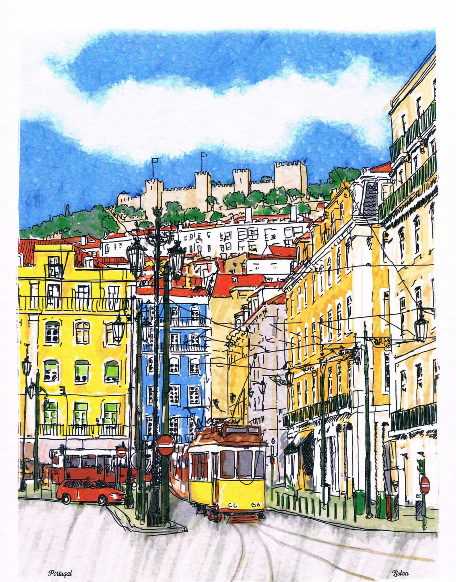 São Jorge Castle and Lisbon Tram Illustrated Art Print