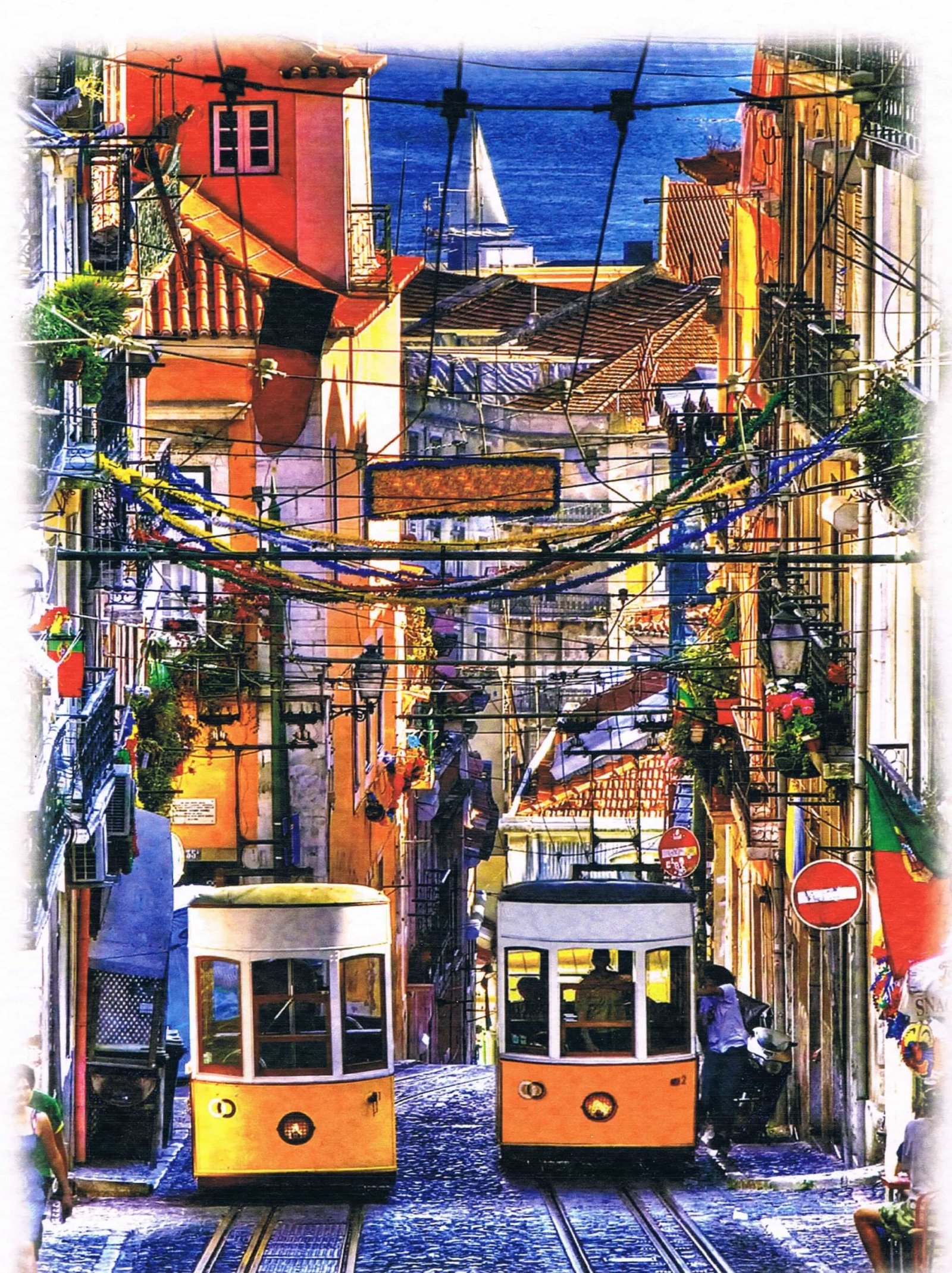 Two Lisbon Trams on Steep Street Art Print