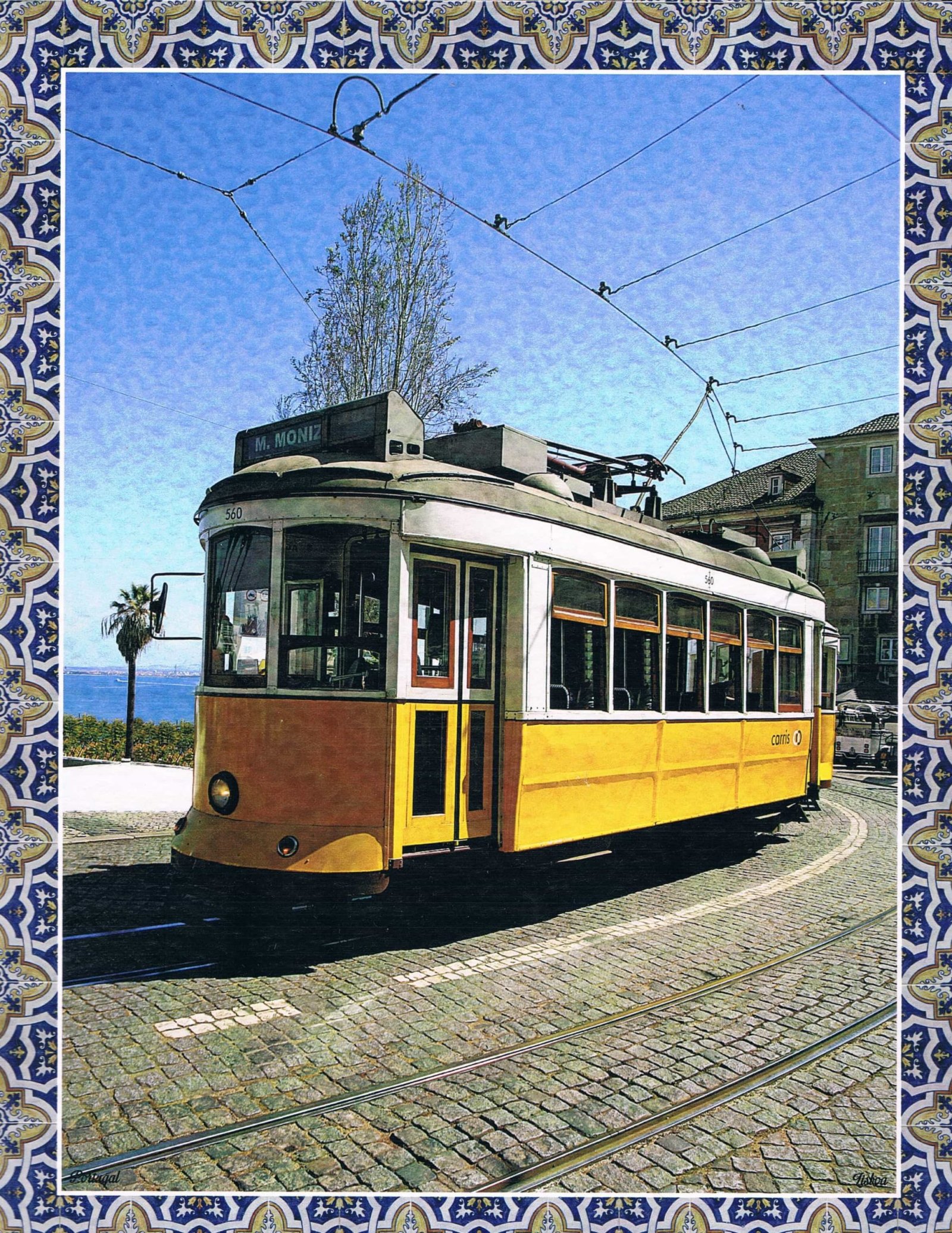 Classic Yellow Lisbon Tram by the Tagus Tile-Border Art Print