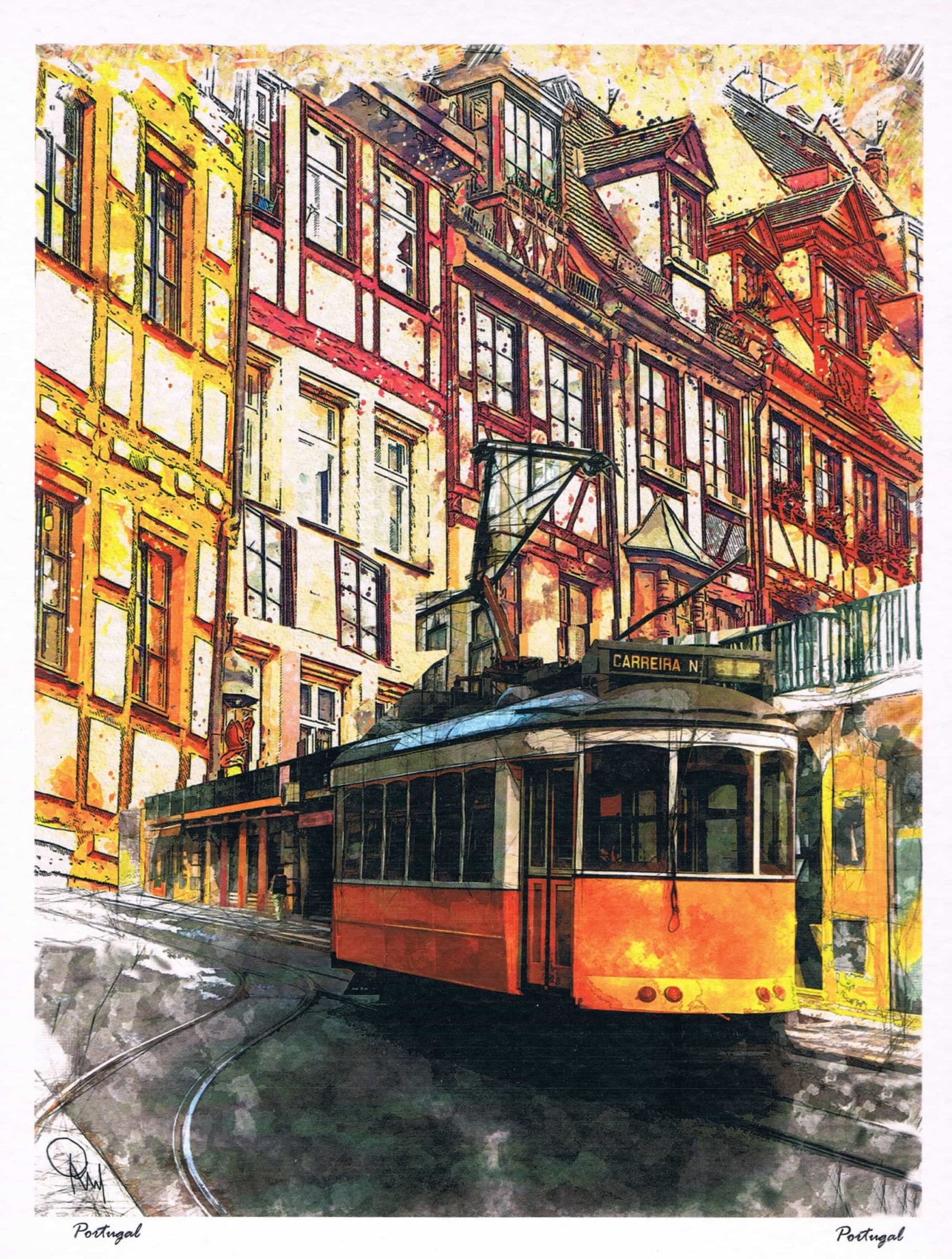 Historic Lisbon Tram on Colourful Street Contemporary Art Print