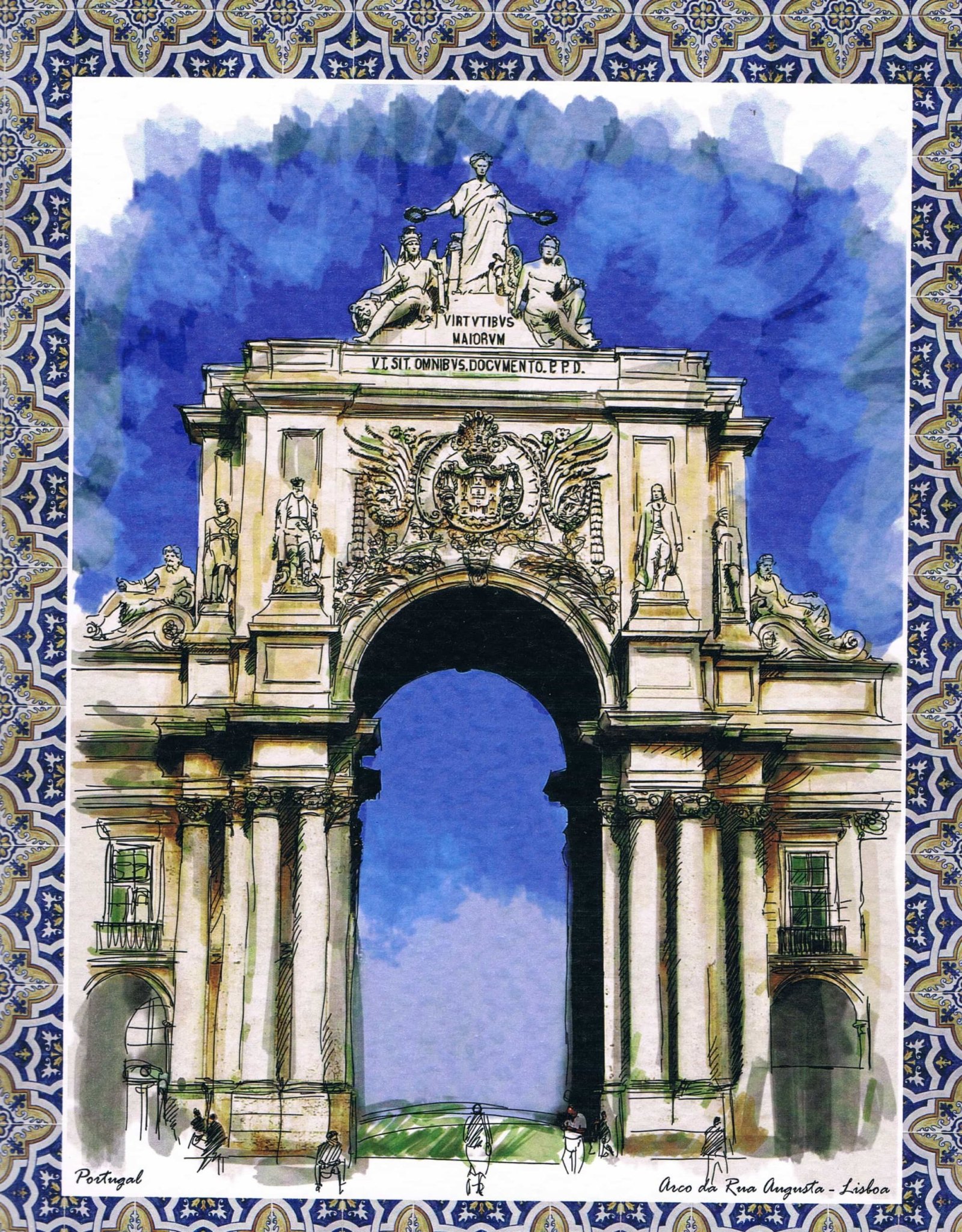 Rua Augusta Arch Lisbon Watercolour Tile-Border Art Print