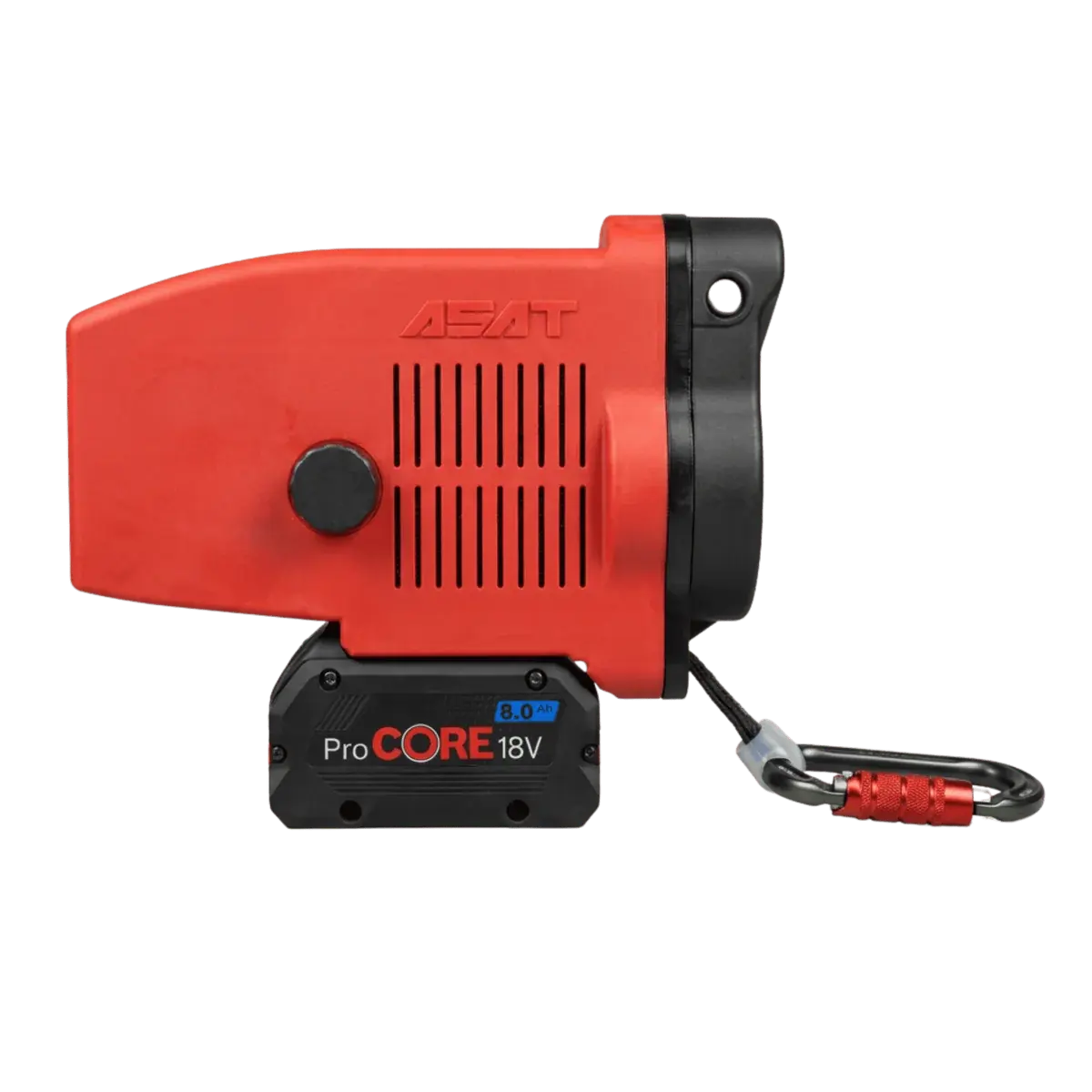 ACE-51 battery powered ascender from the side, with a Bosch ProCORE 18V 8.0 Ah pack and attachment carabiner