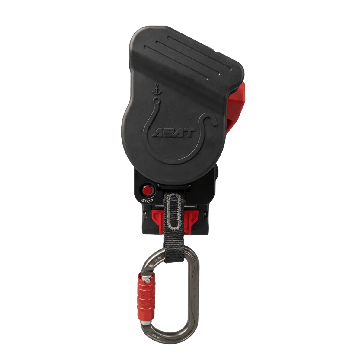 Front of the ACE-51 electric rope ascender with the sheave cover closed and the emergency stop button