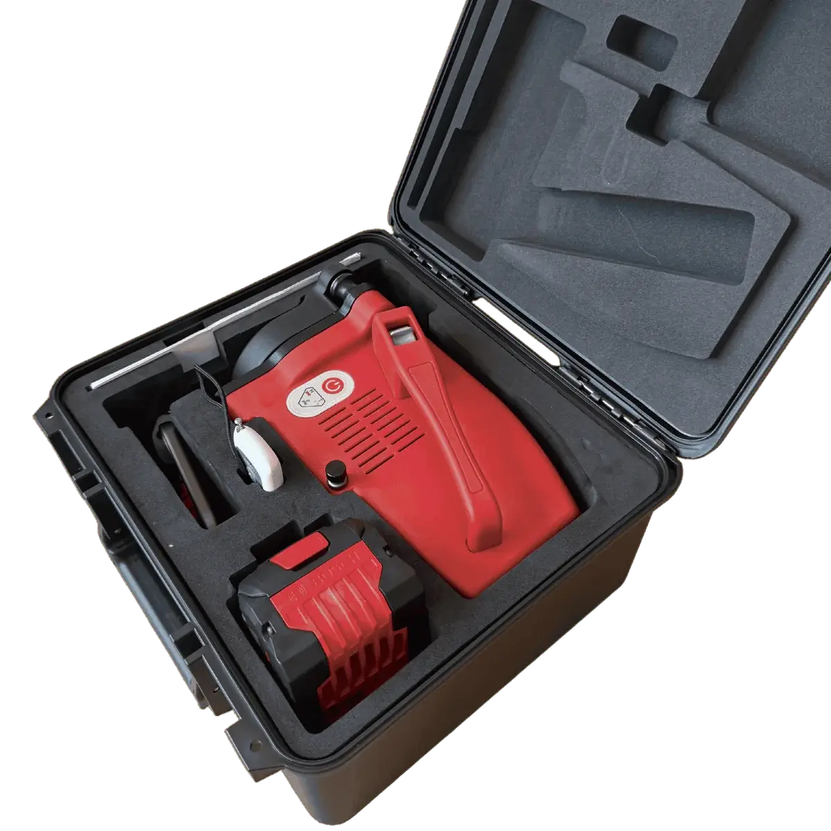 ASAT ACE-51 power rope ascender and a spare Bosch battery in the transport case foam