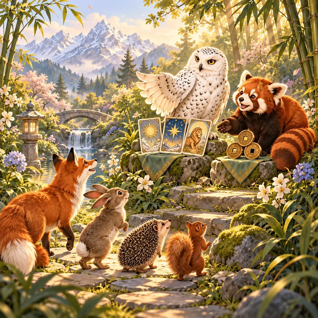 The snowy owl and red panda welcome a fox, rabbit, hedgehog and squirrel to a magical garden gathering with Tarot cards and I Ching coins.