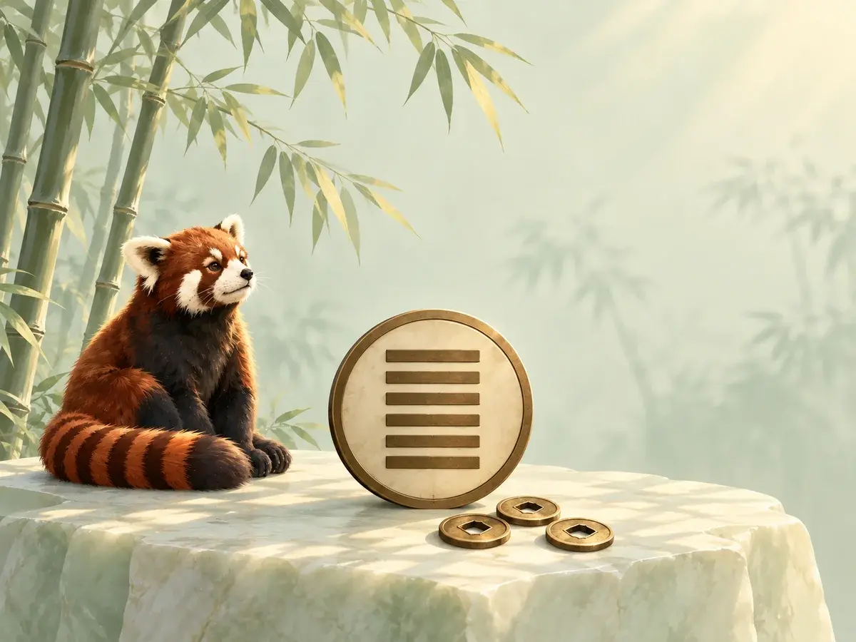 A red panda beside three coins and a six-line hexagram in a quiet, pale jade bamboo garden.