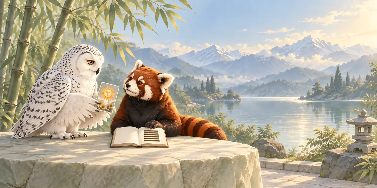 A snowy owl and red panda share a thoughtful moment with Tarot cards and an open I Ching book beside a bamboo-lined mountain lake.