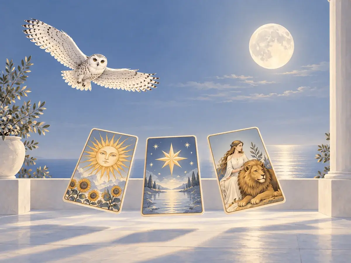 A snowy owl above three floating Tarot cards on a spacious, softly lit blue terrace.