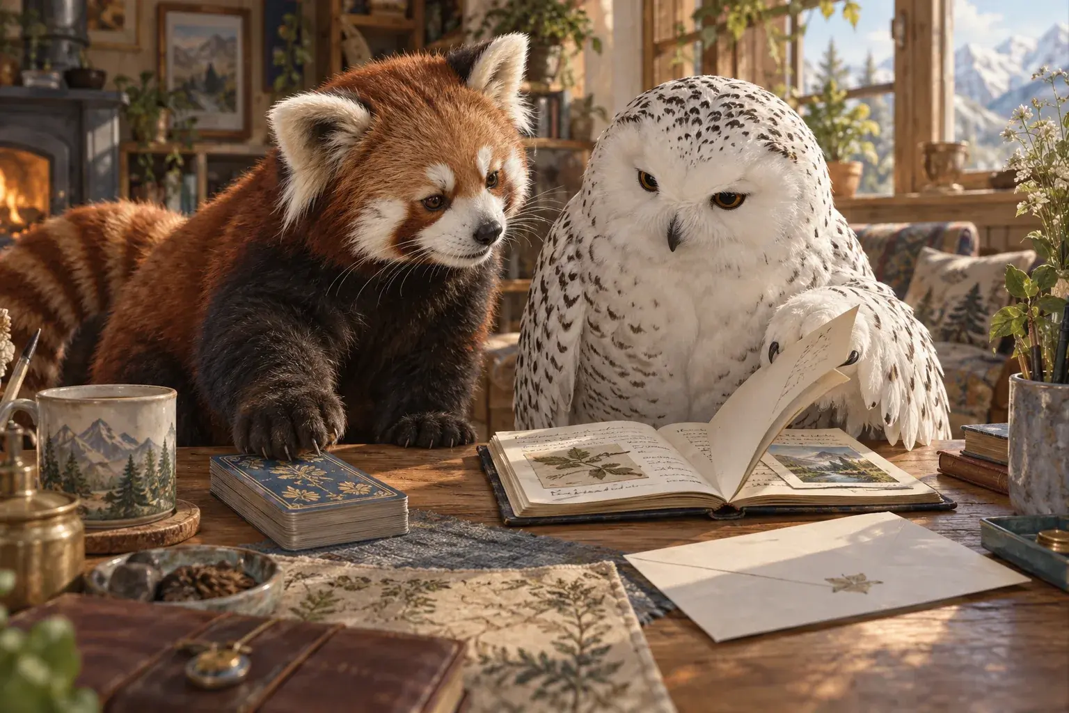 The owl opens an earlier notebook as the panda reaches toward a closed deck.