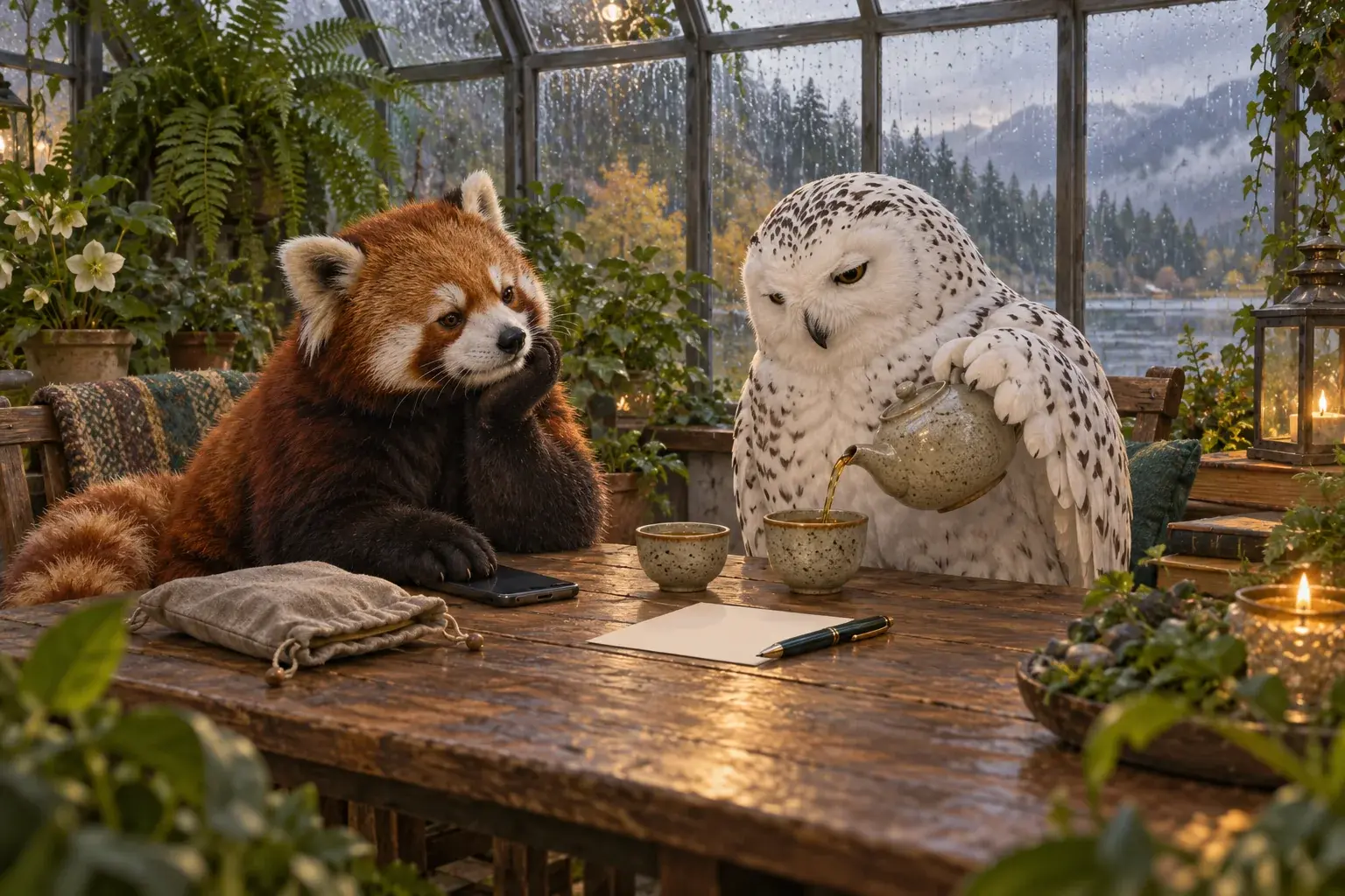 The panda sets a phone down as the owl pours tea beside a closed card pouch.