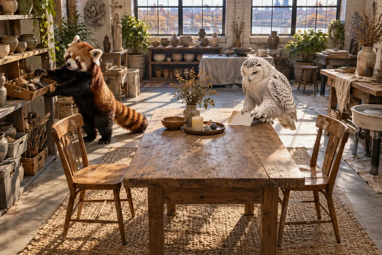The panda and owl arrange two chairs beside a cleared studio workbench.