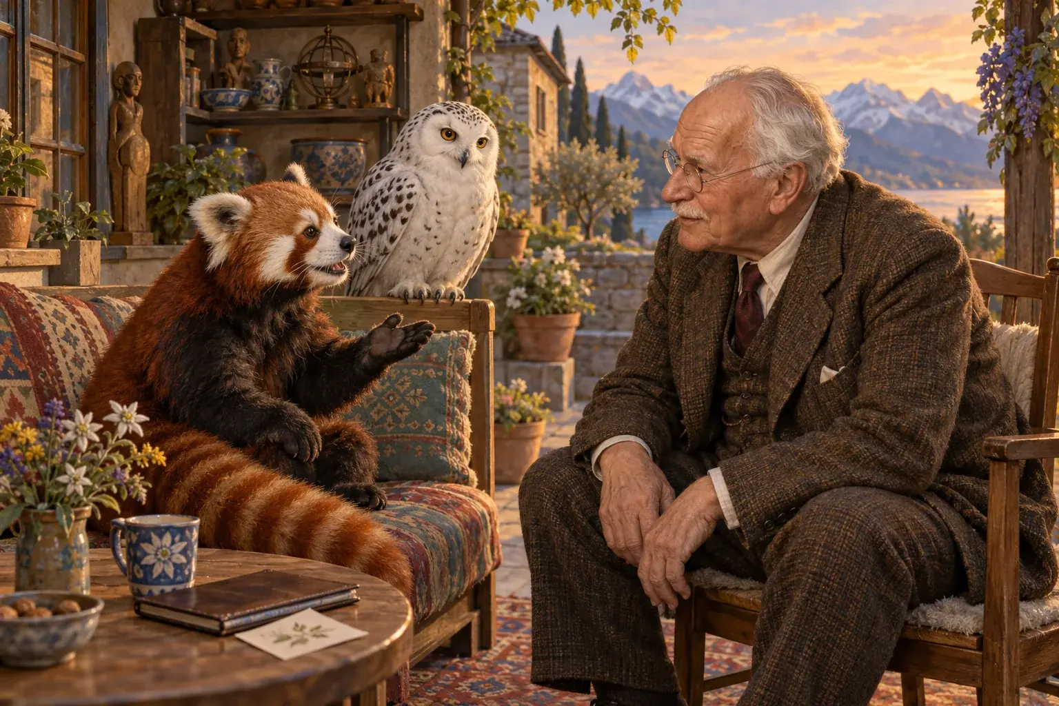 Illustration of Jung listening during a conversation on a workshop veranda.