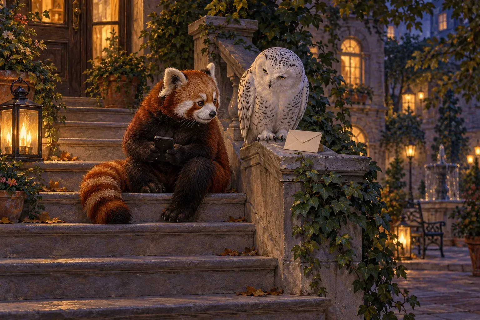 A panda holds a phone low beside an owl and an invitation envelope on courtyard steps.