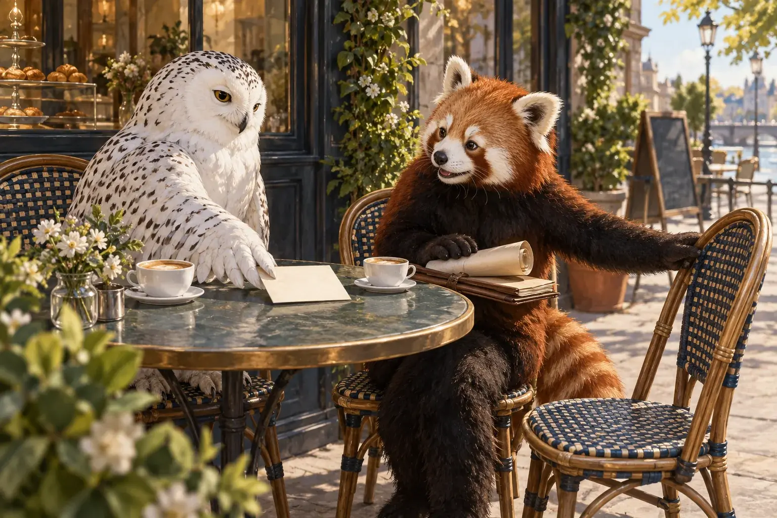 The owl offers a small card as the panda sets aside a longer draft at a cafe table.