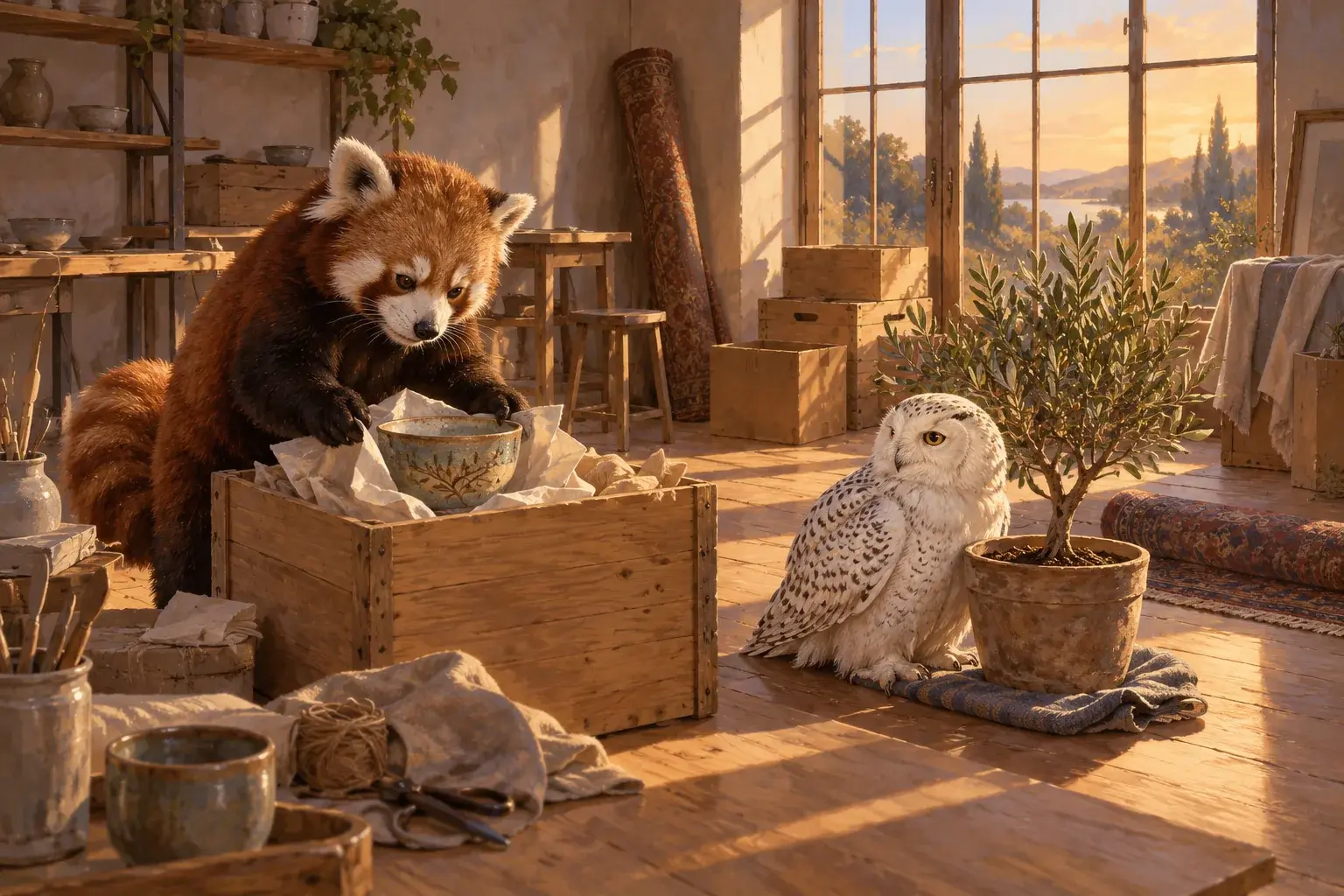 The panda packs a ceramic bowl while the owl sits beside a plant in a nearly empty studio.